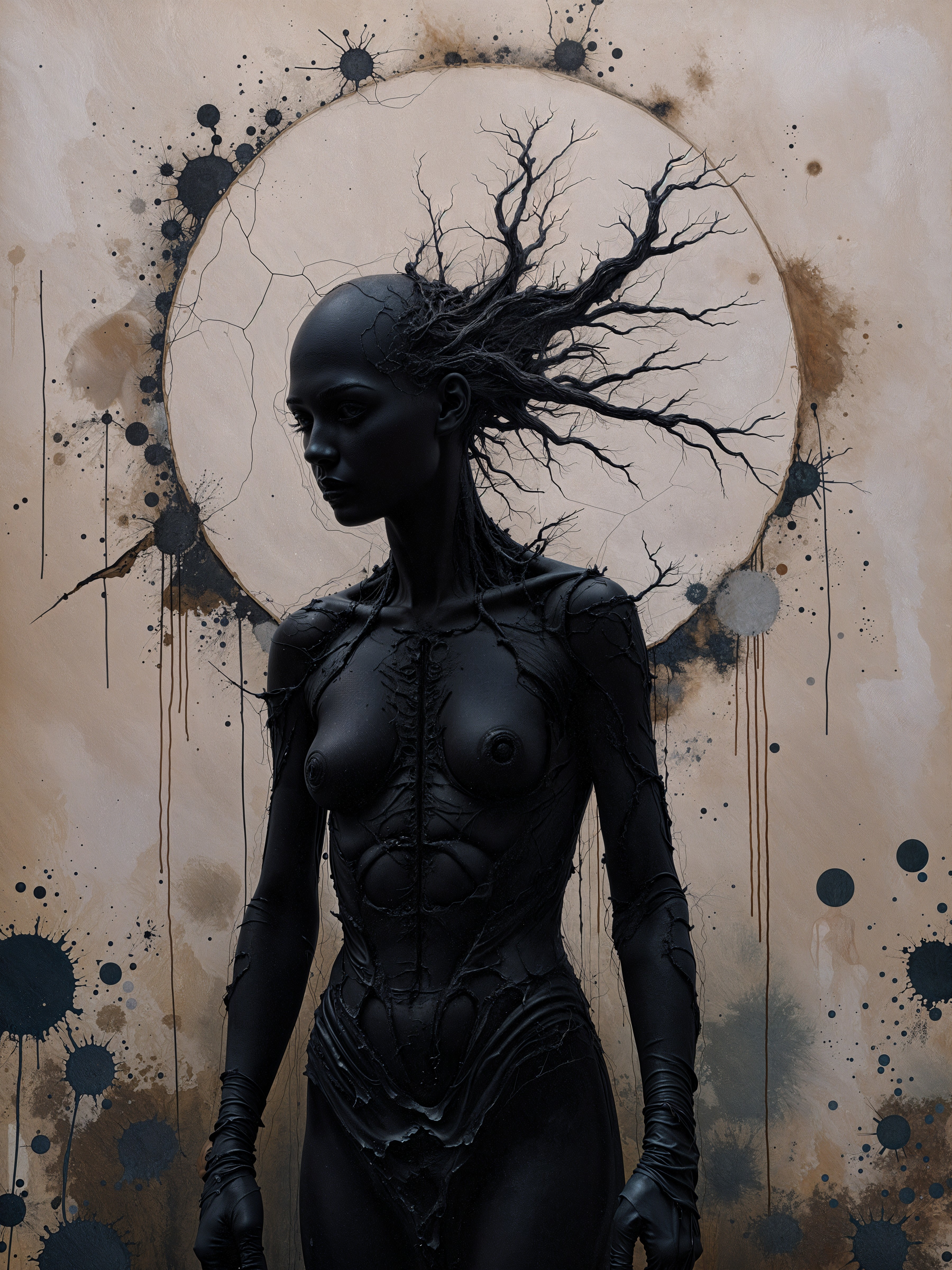 Sculpted Black Figure with Textured Organic Elements