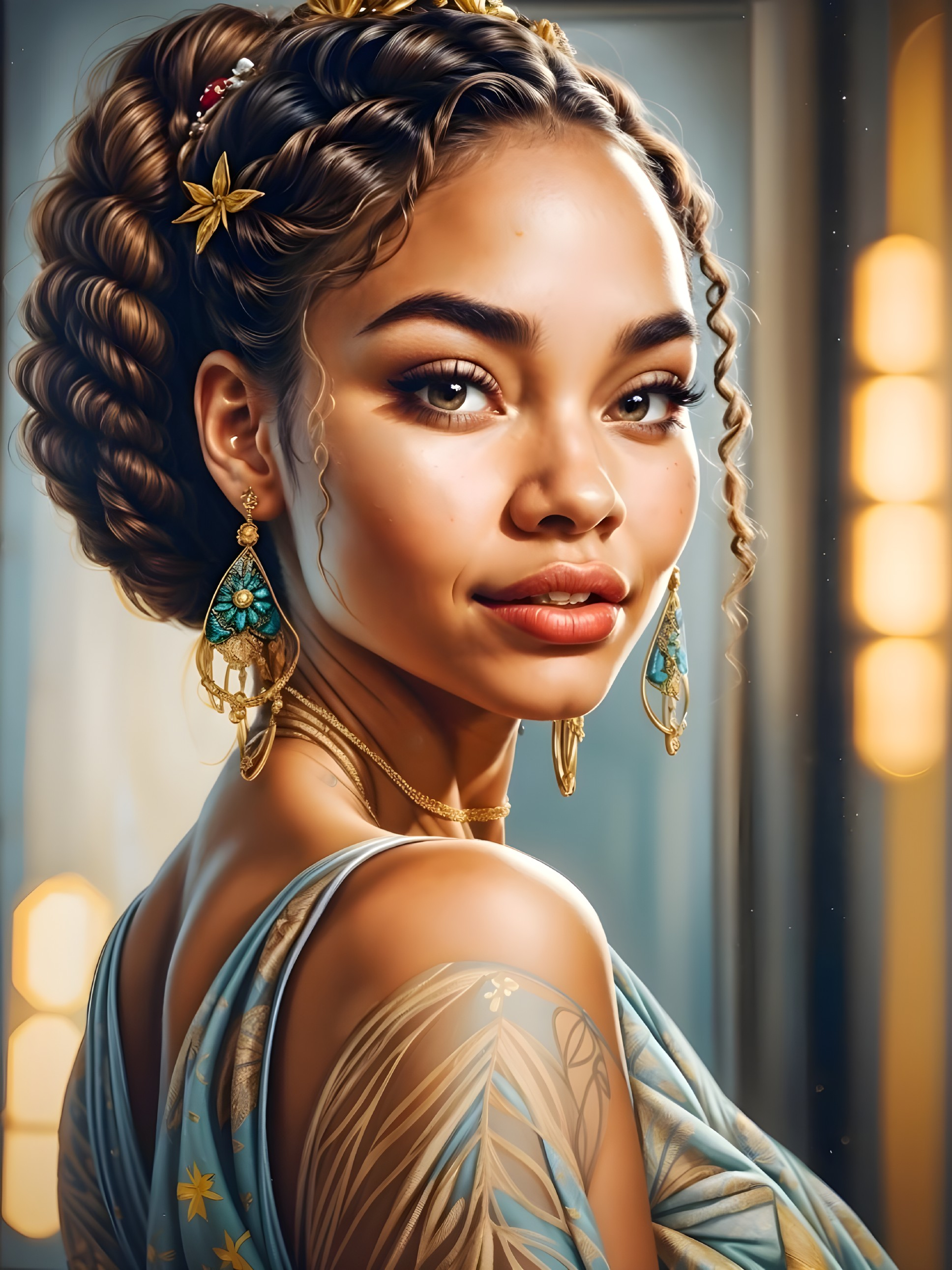 Young woman with braided hair and floral adornments