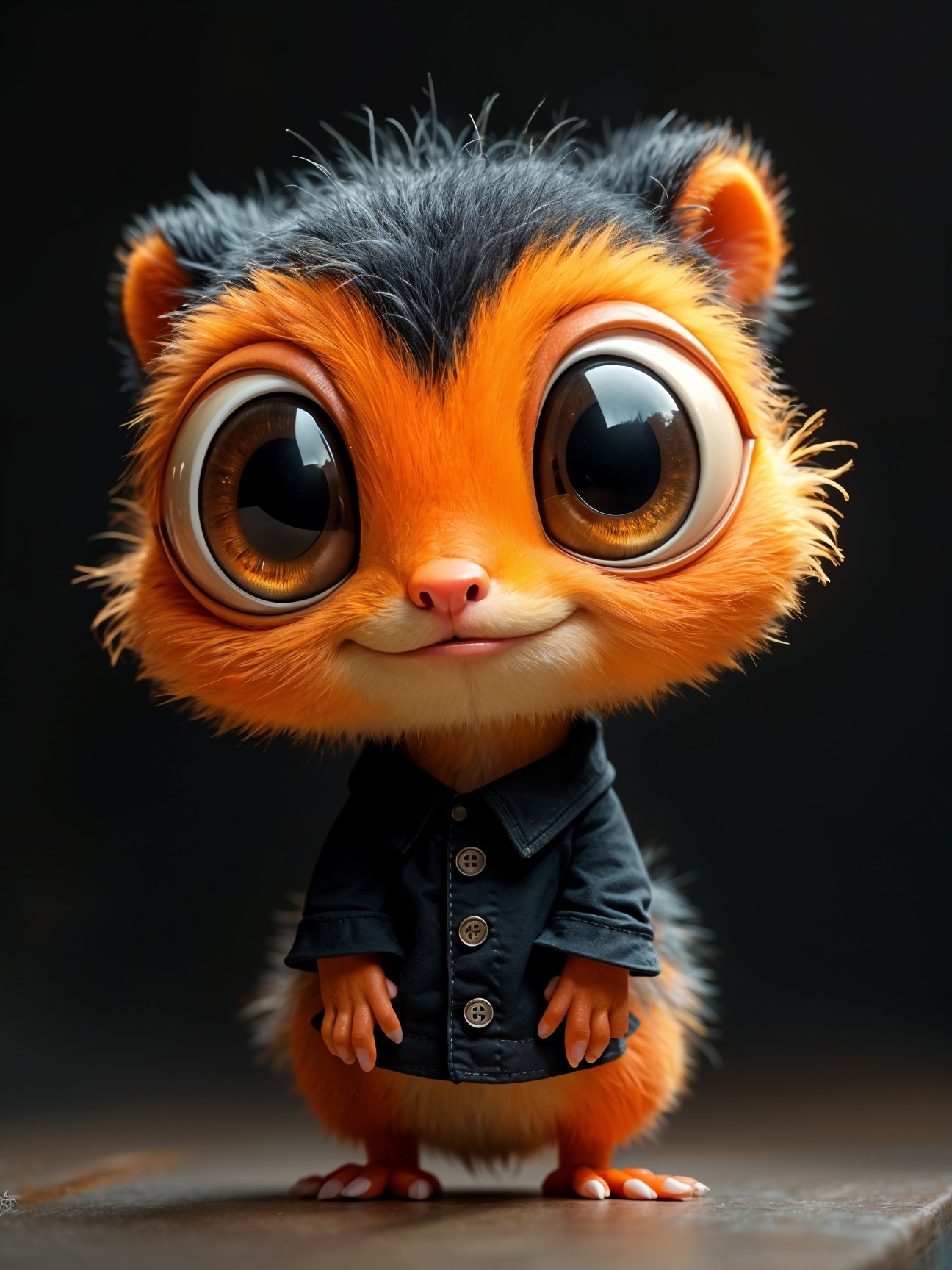 Cartoon Creature with Orange Fur and Black Jacket