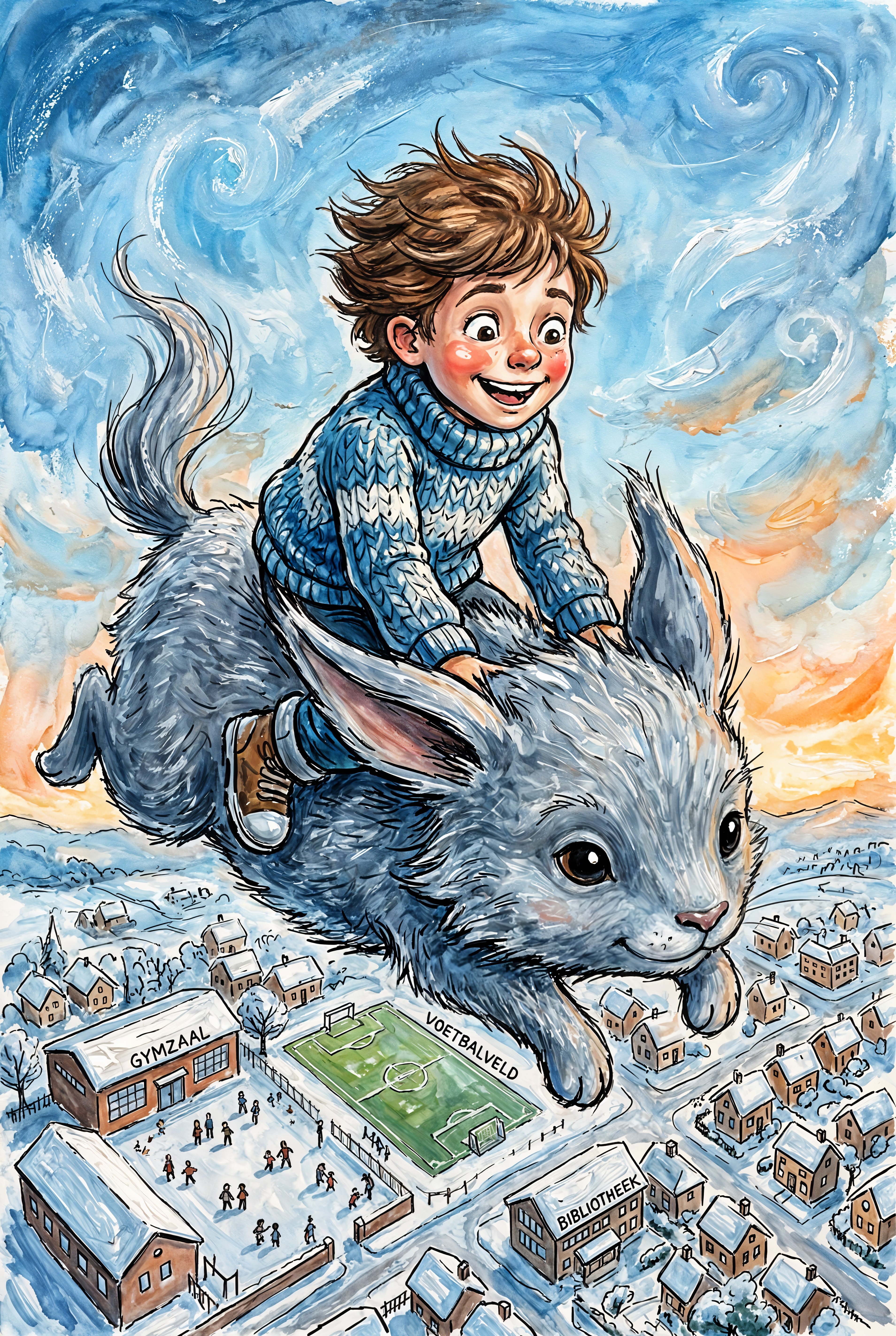 Watercolor Illustration of Boy Riding a Gray Rabbit