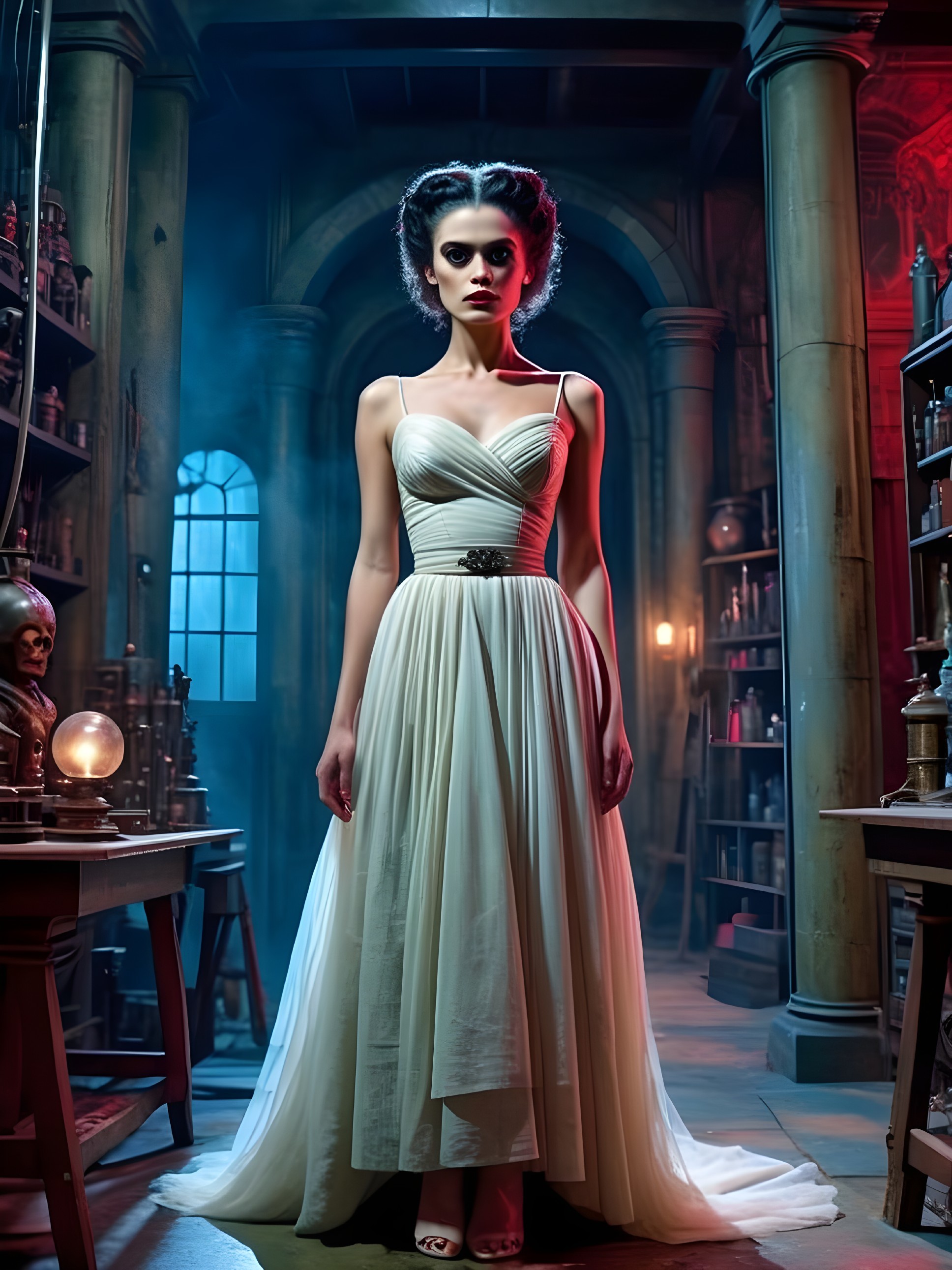 Woman in Ivory Gown in Vintage Laboratory Setting