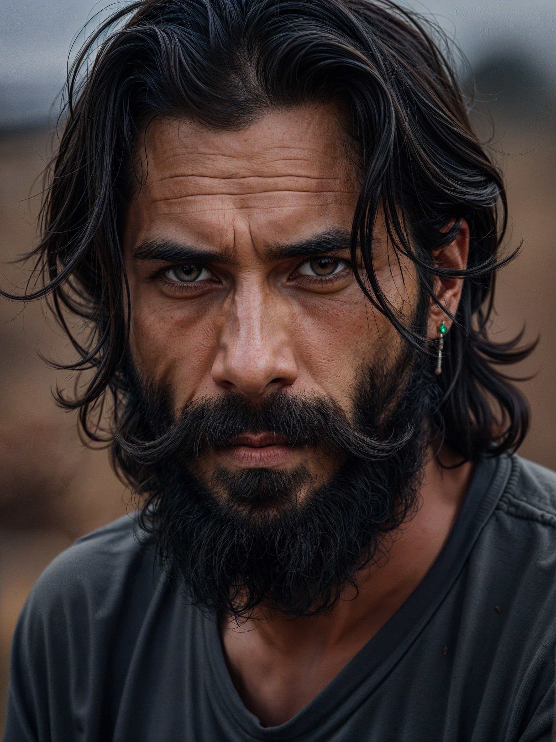 Close-Up Portrait of a Man with Long Hair and Beard