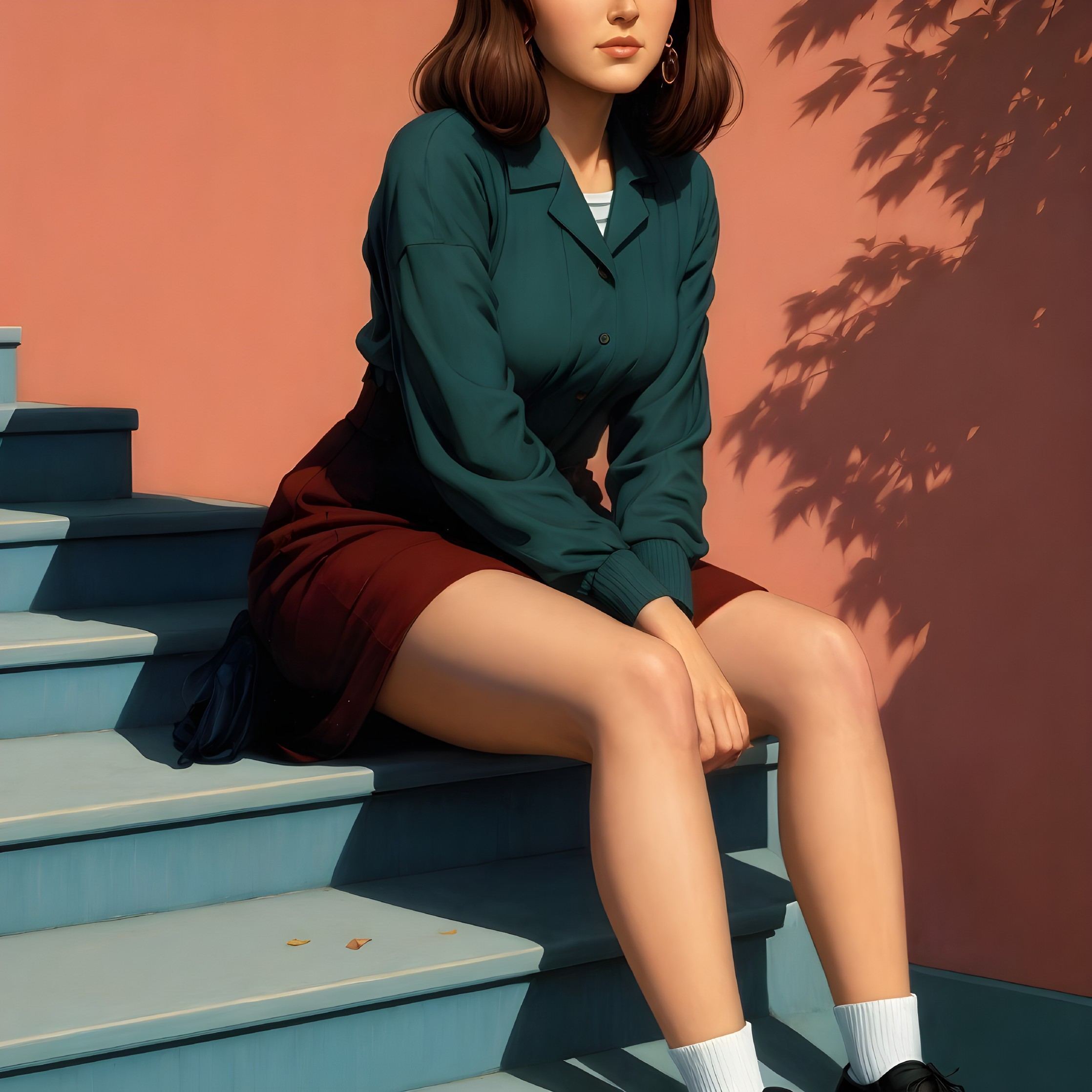 Young Woman on Pale Blue Stairs with Warm Background