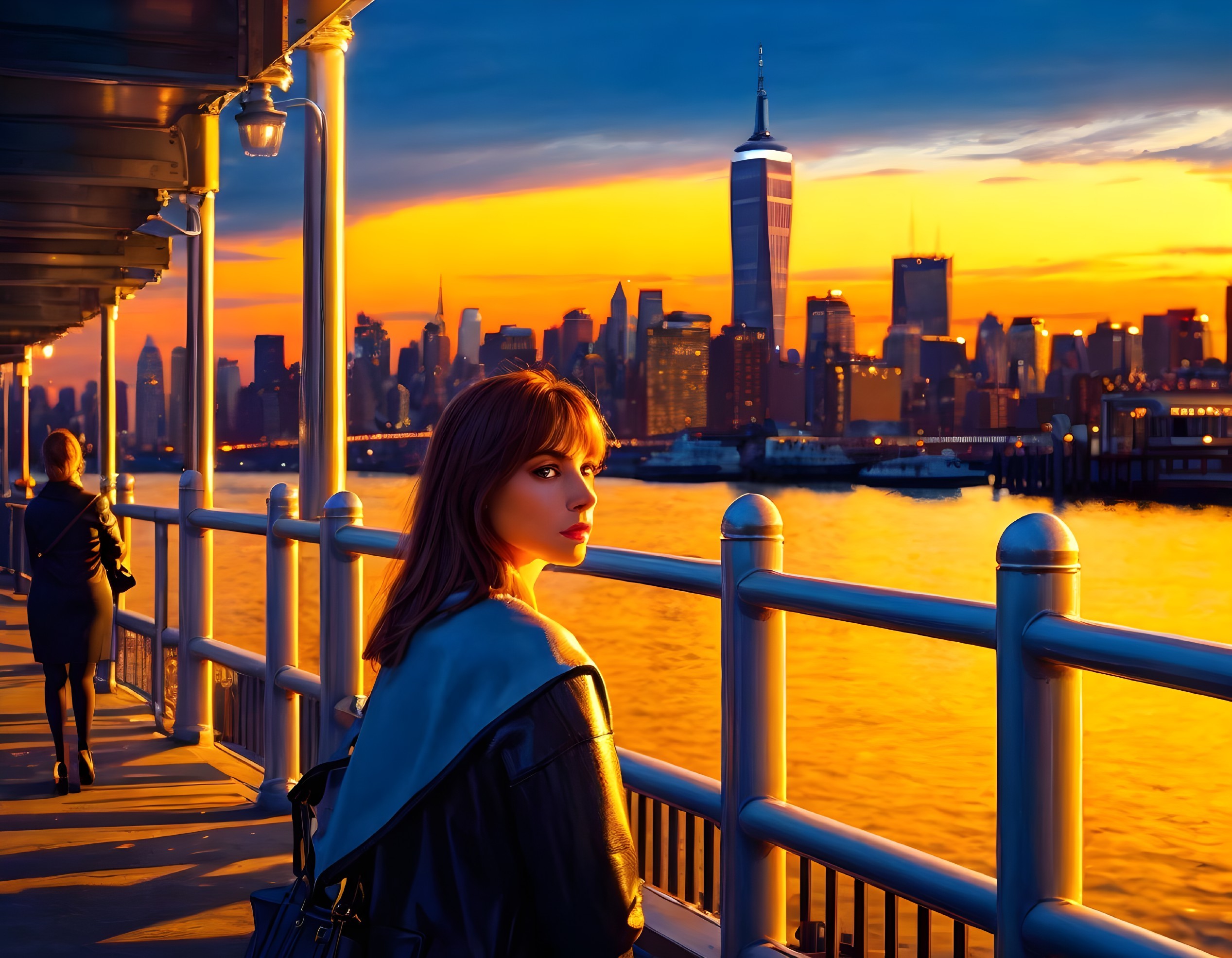 Woman Watching Sunset Over City Skyline and Water