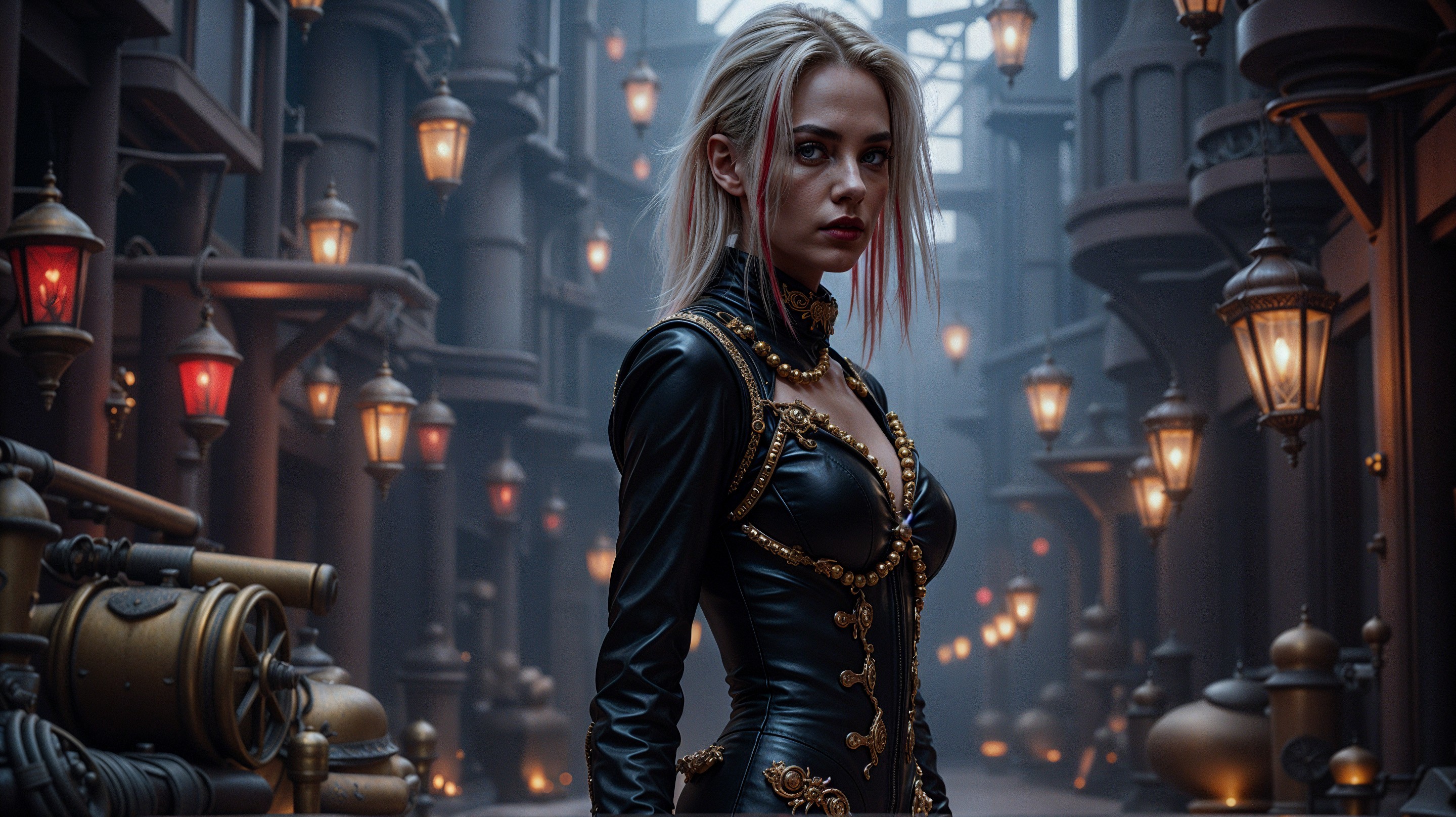 Striking figure in leather outfit in dimly lit alleyway