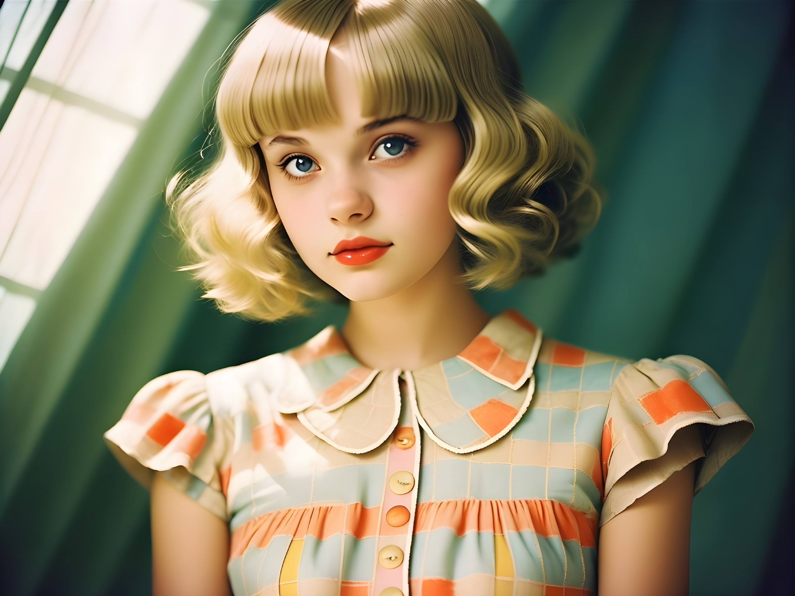 Young girl in pastel dress with flowing curtains backdrop