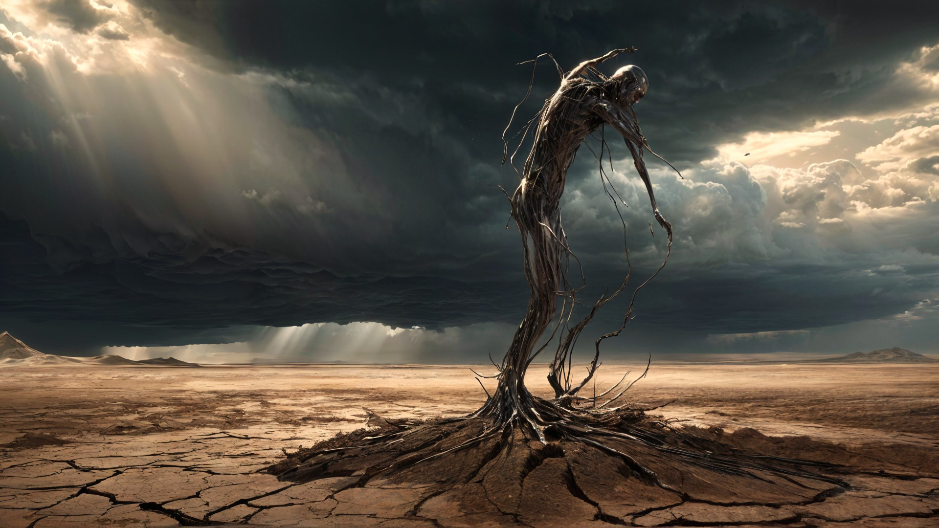 Skeletal Tree Figure in Barren Landscape Under Dark Sky