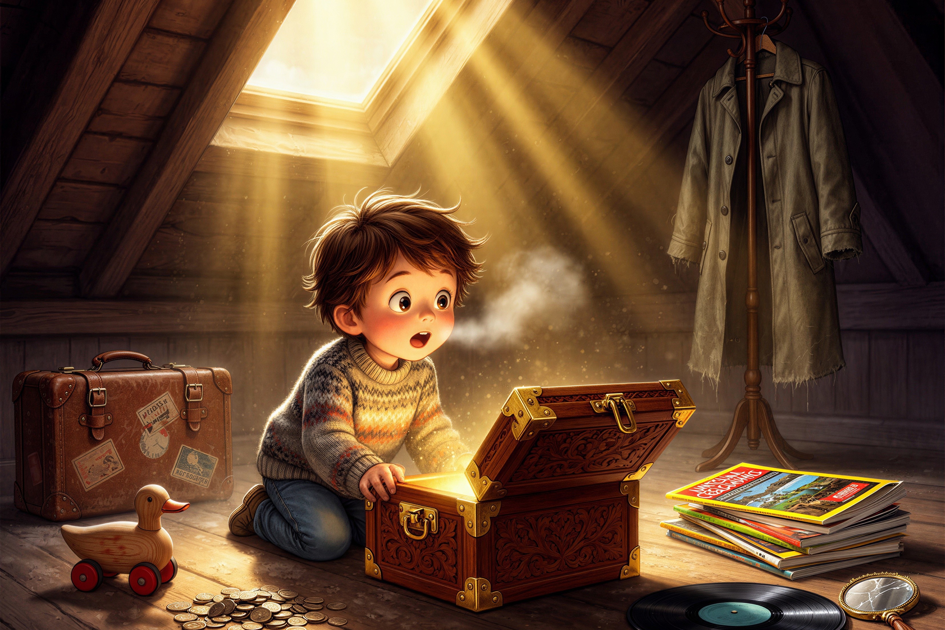 Boy in Attic Awed by Glowing Treasure Chest