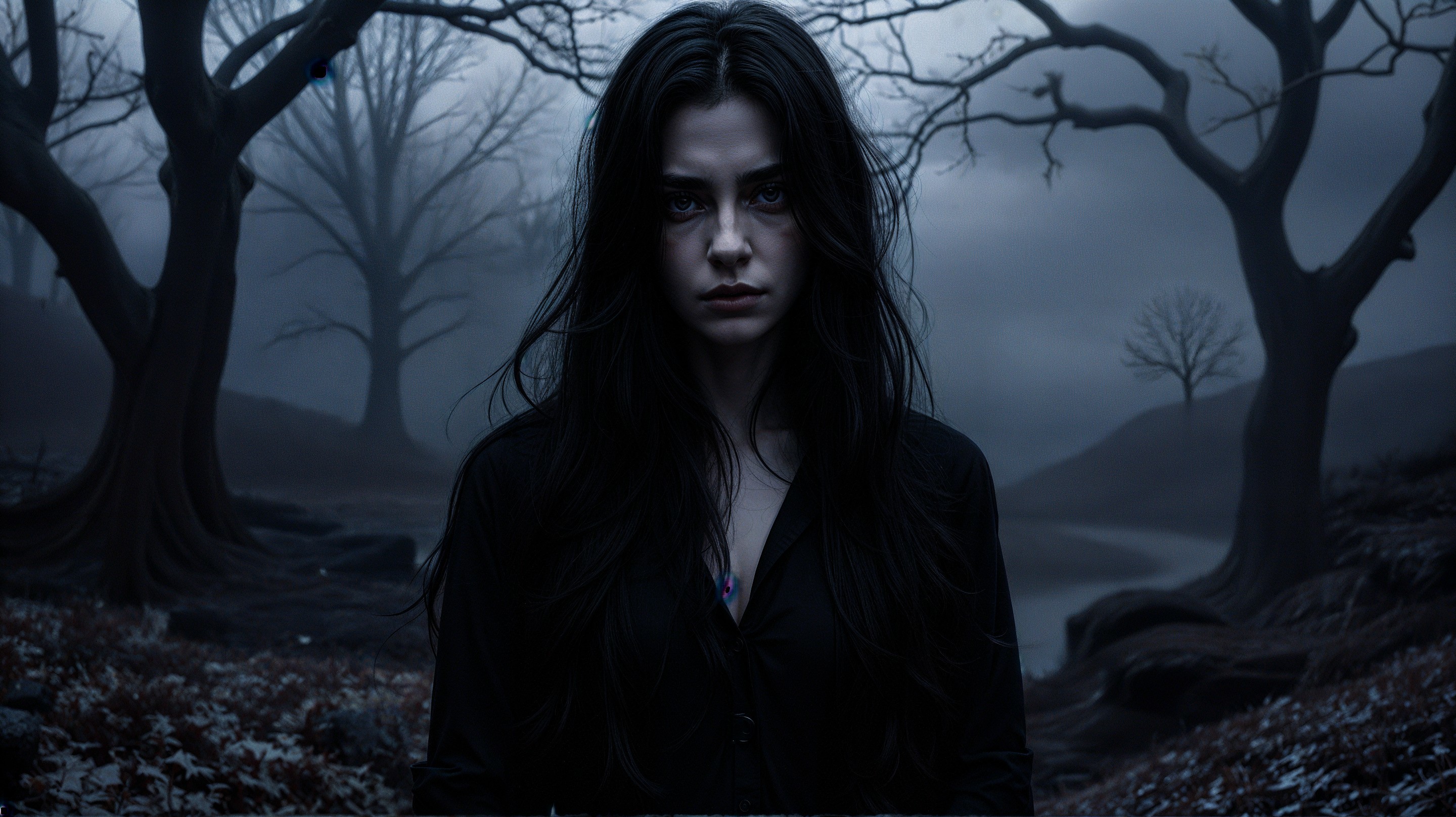 Somber Landscape with Young Woman in Foggy Setting