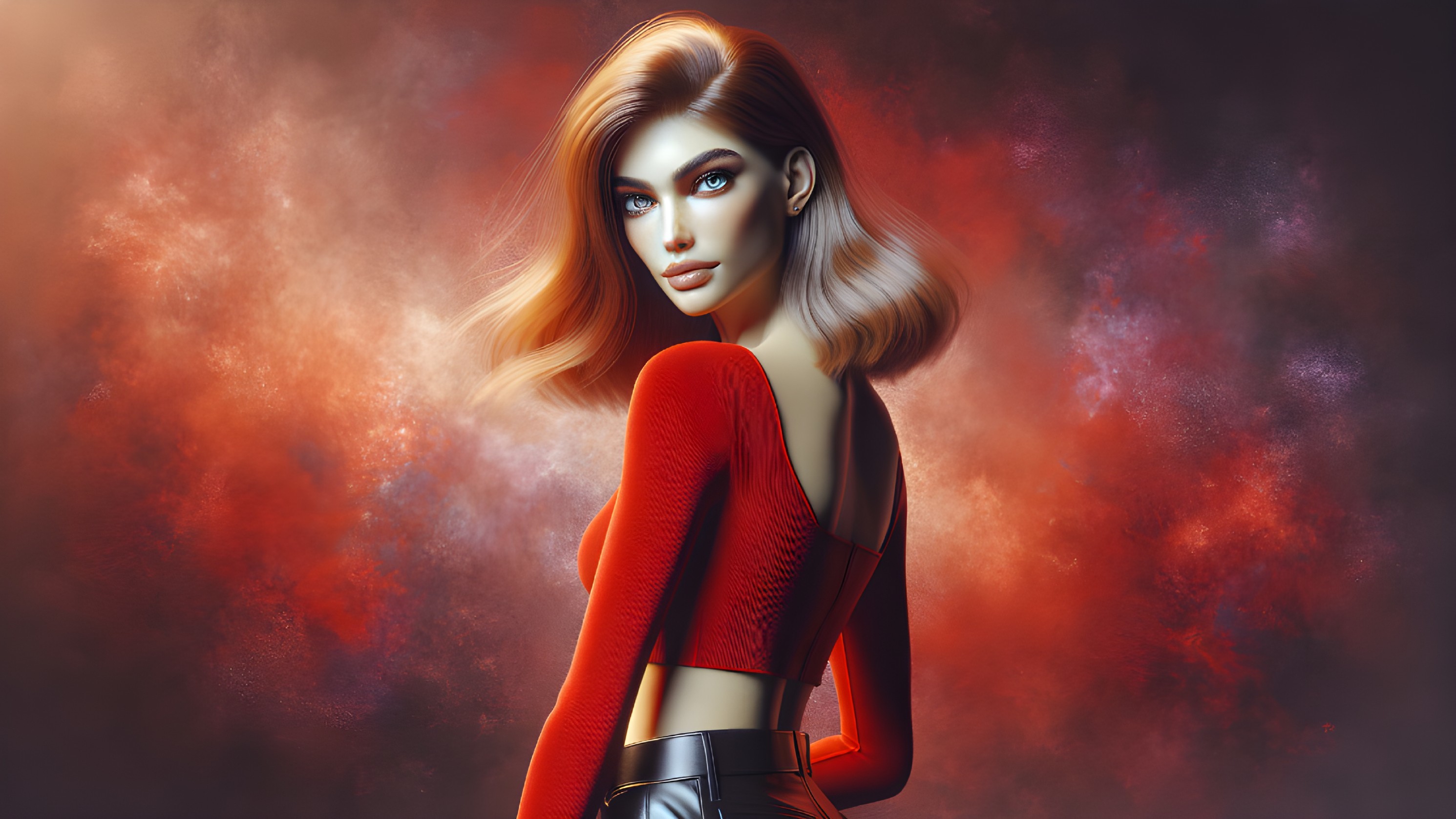 Blonde Beauty in Red: Digital Art Piece