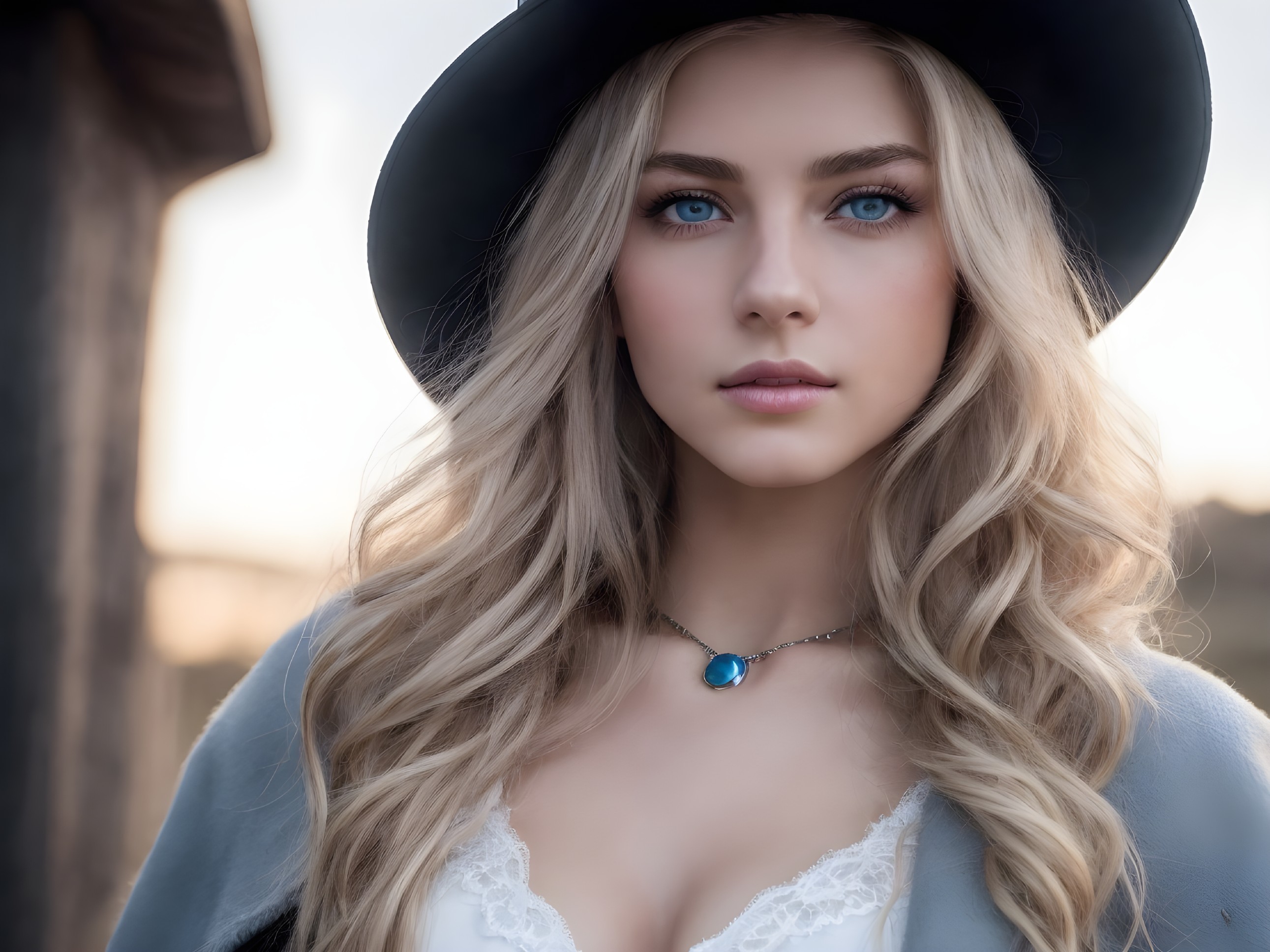Young woman with blonde hair and blue eyes in hat
