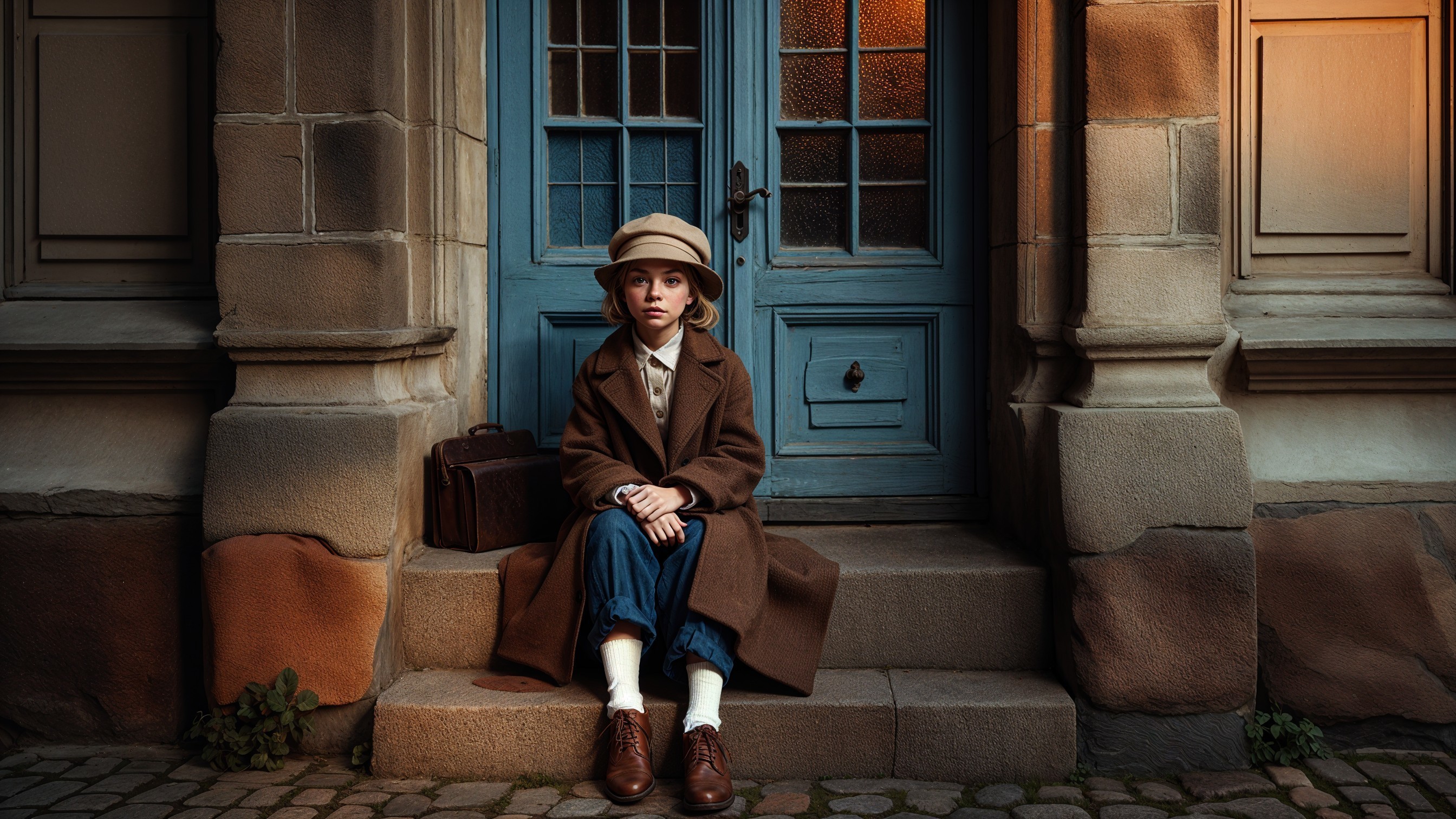 Child on Stone Steps with Vintage Suitcase and Building