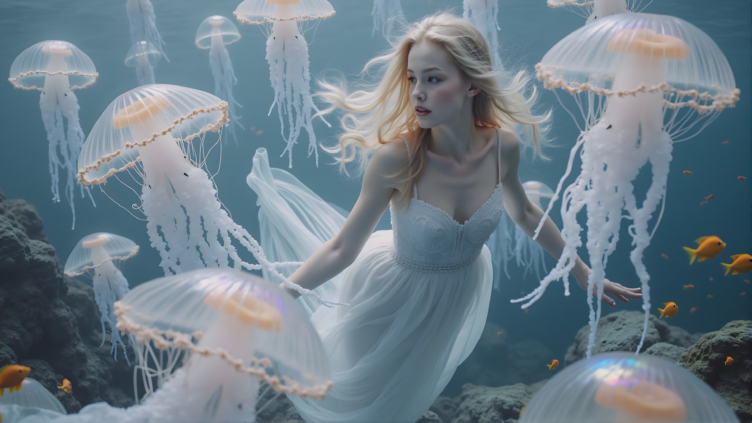 Underwater Scene with Woman and Ethereal Jellyfish