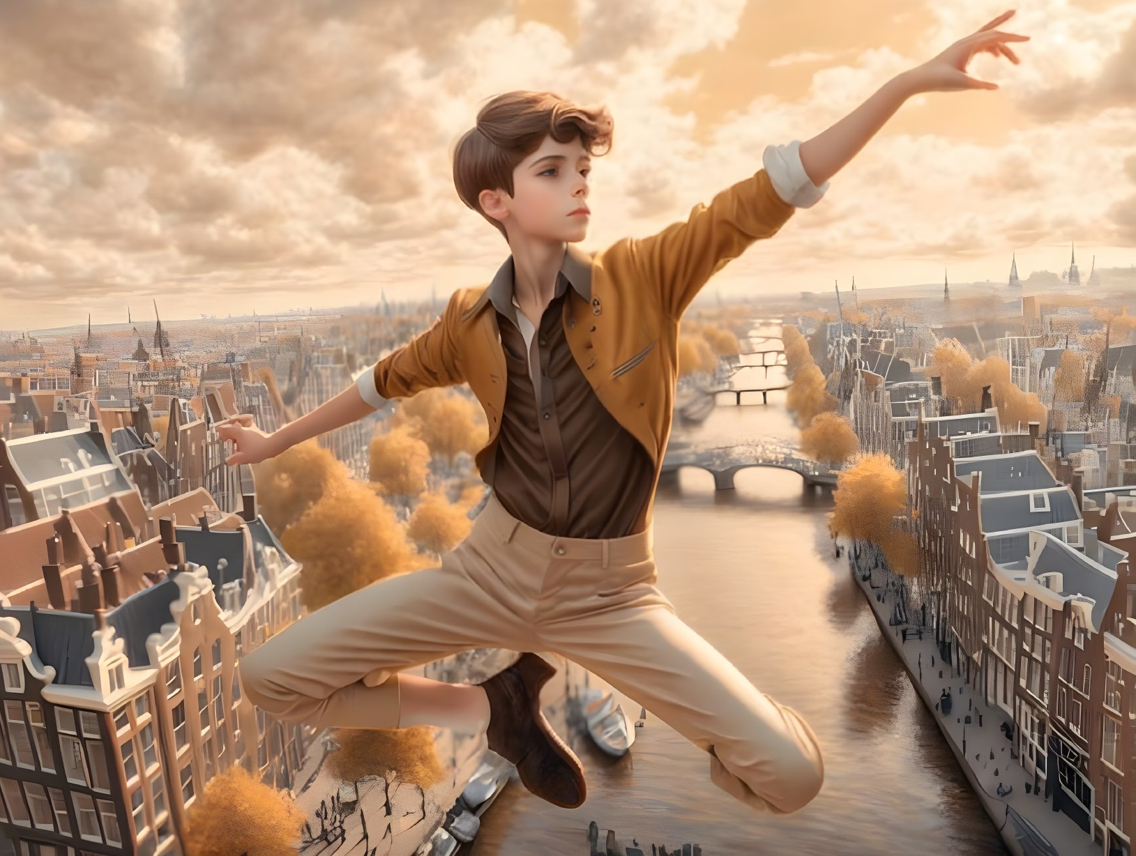 Young dancer leaps over enchanting cityscape at sunset