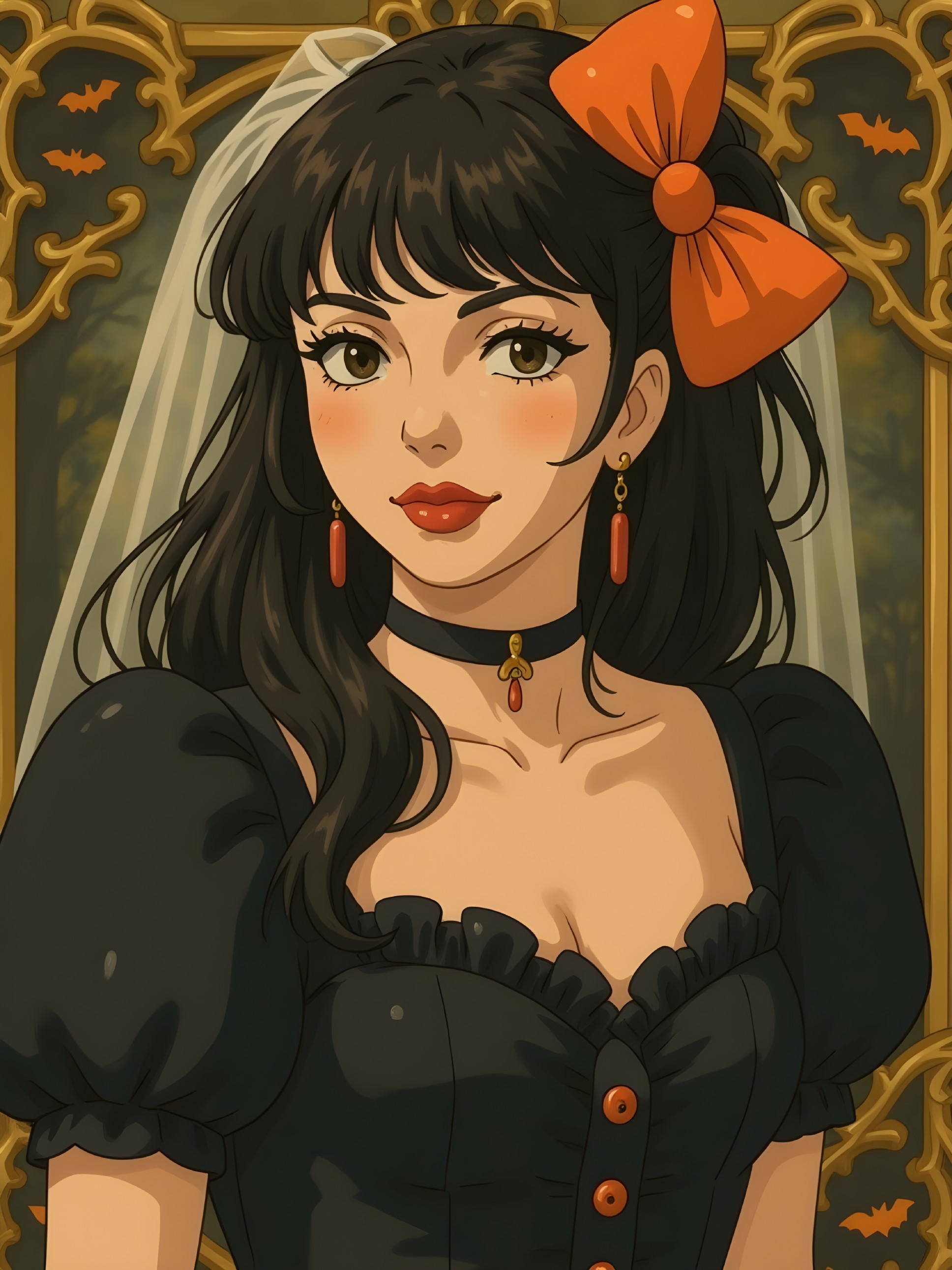 Young Woman in Gothic Setting with Orange Bow and Dress