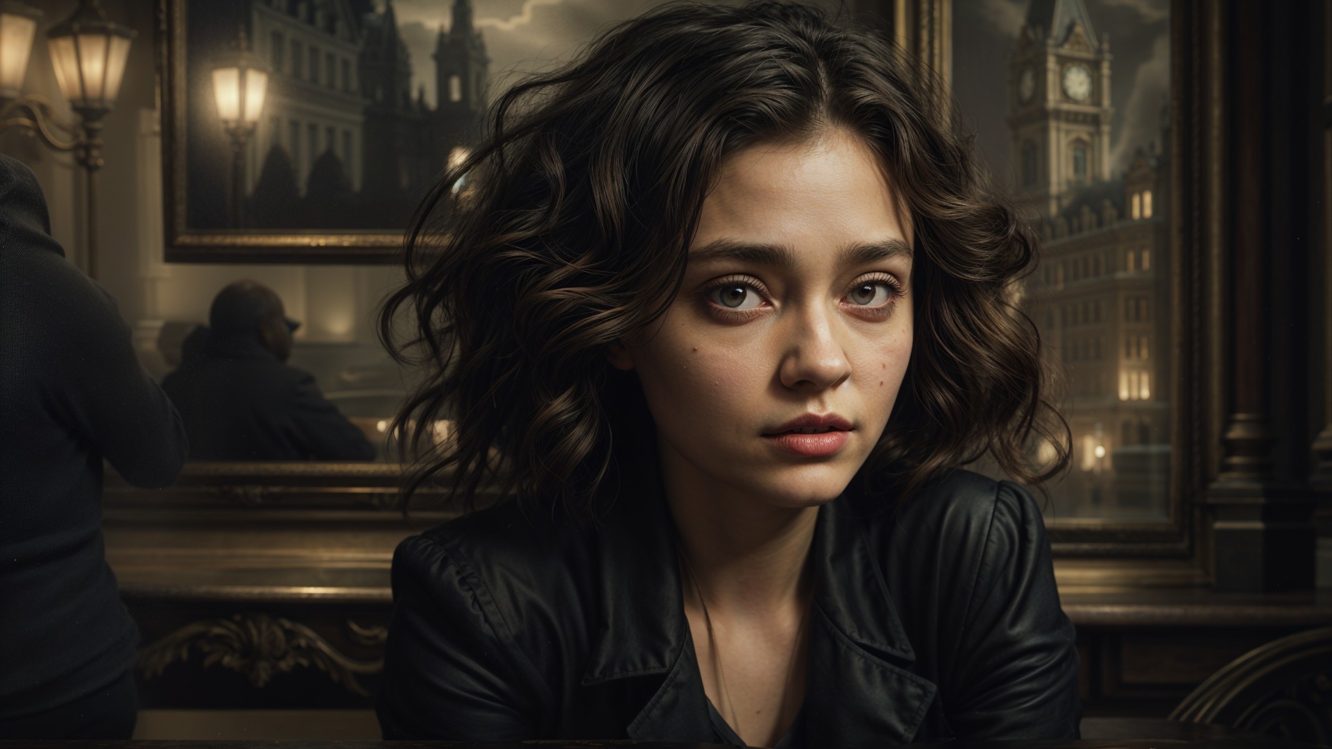Young woman in leather jacket in café with clock tower