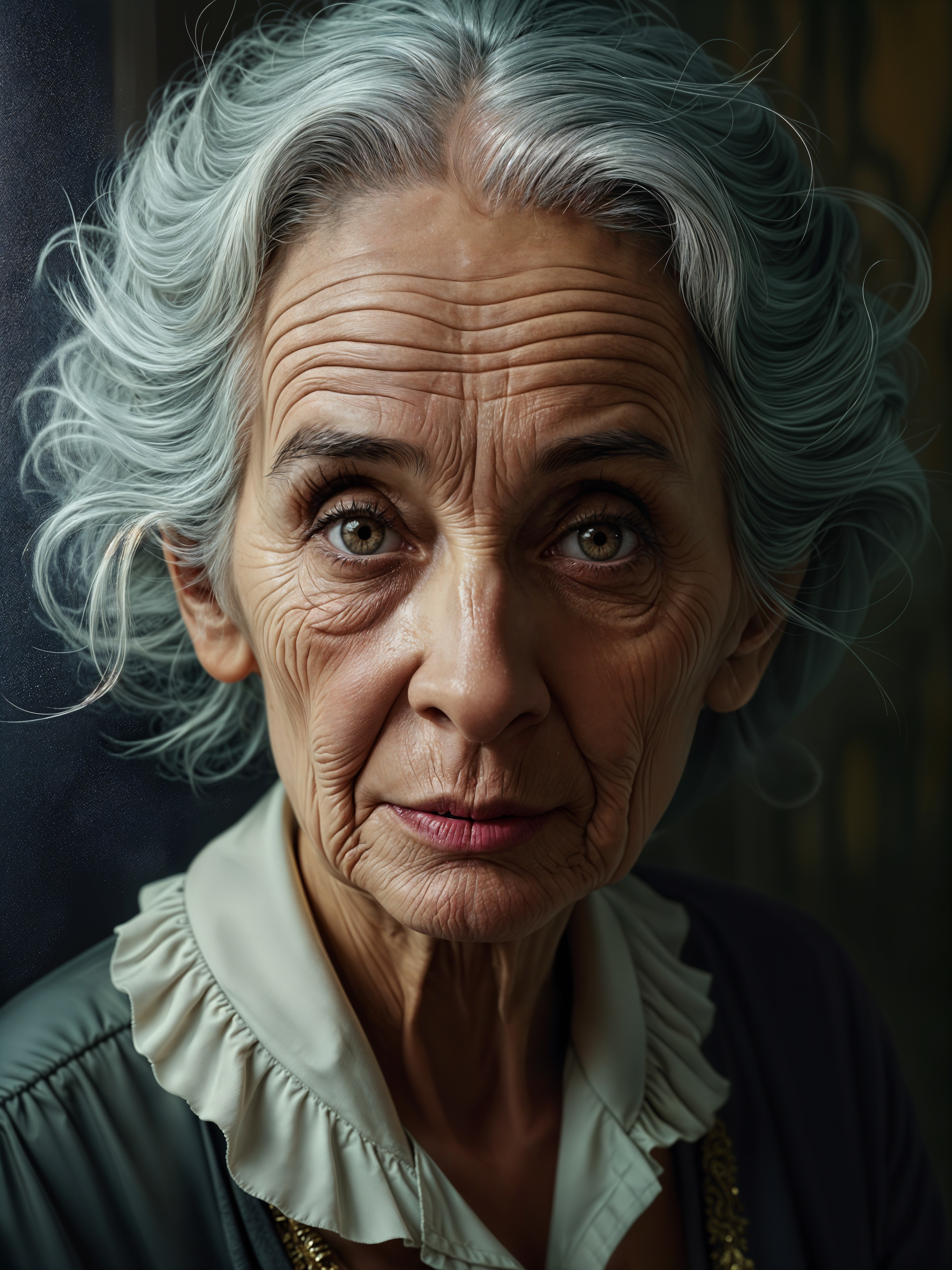 Elderly Woman with Gray Curls and Vintage Blouse