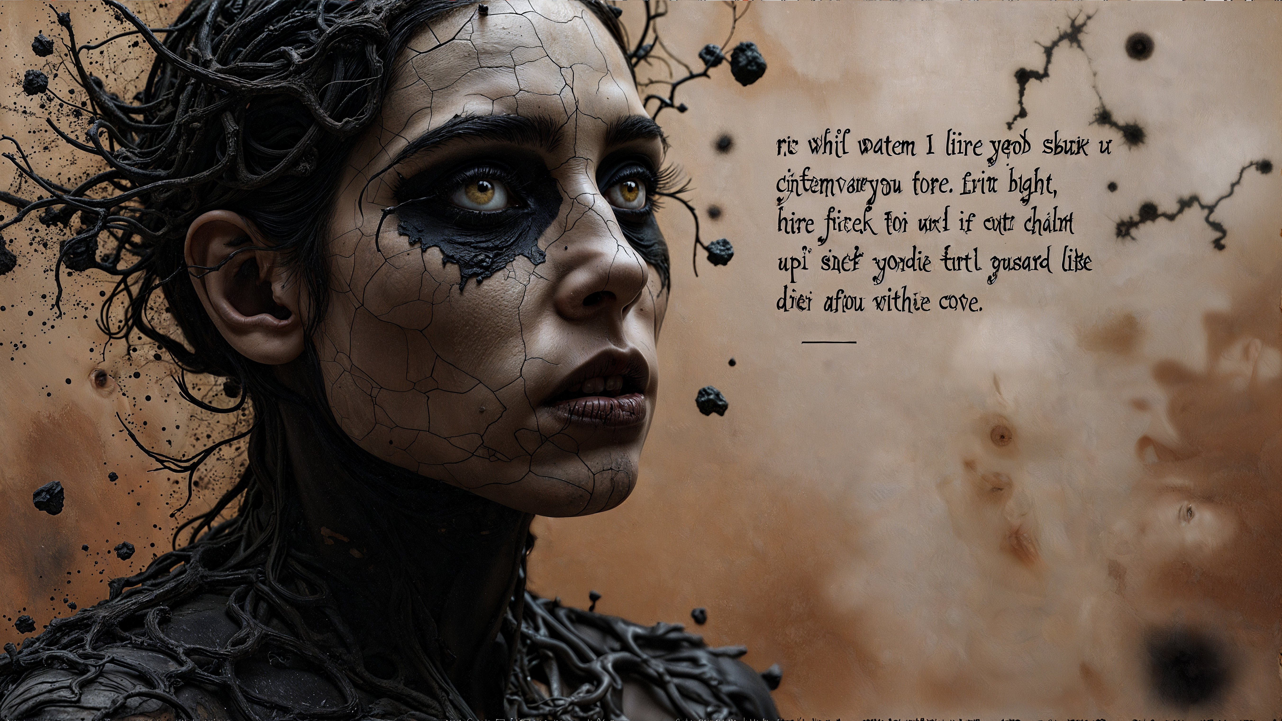 Striking Figure with Cracked Face and Thorny Hair