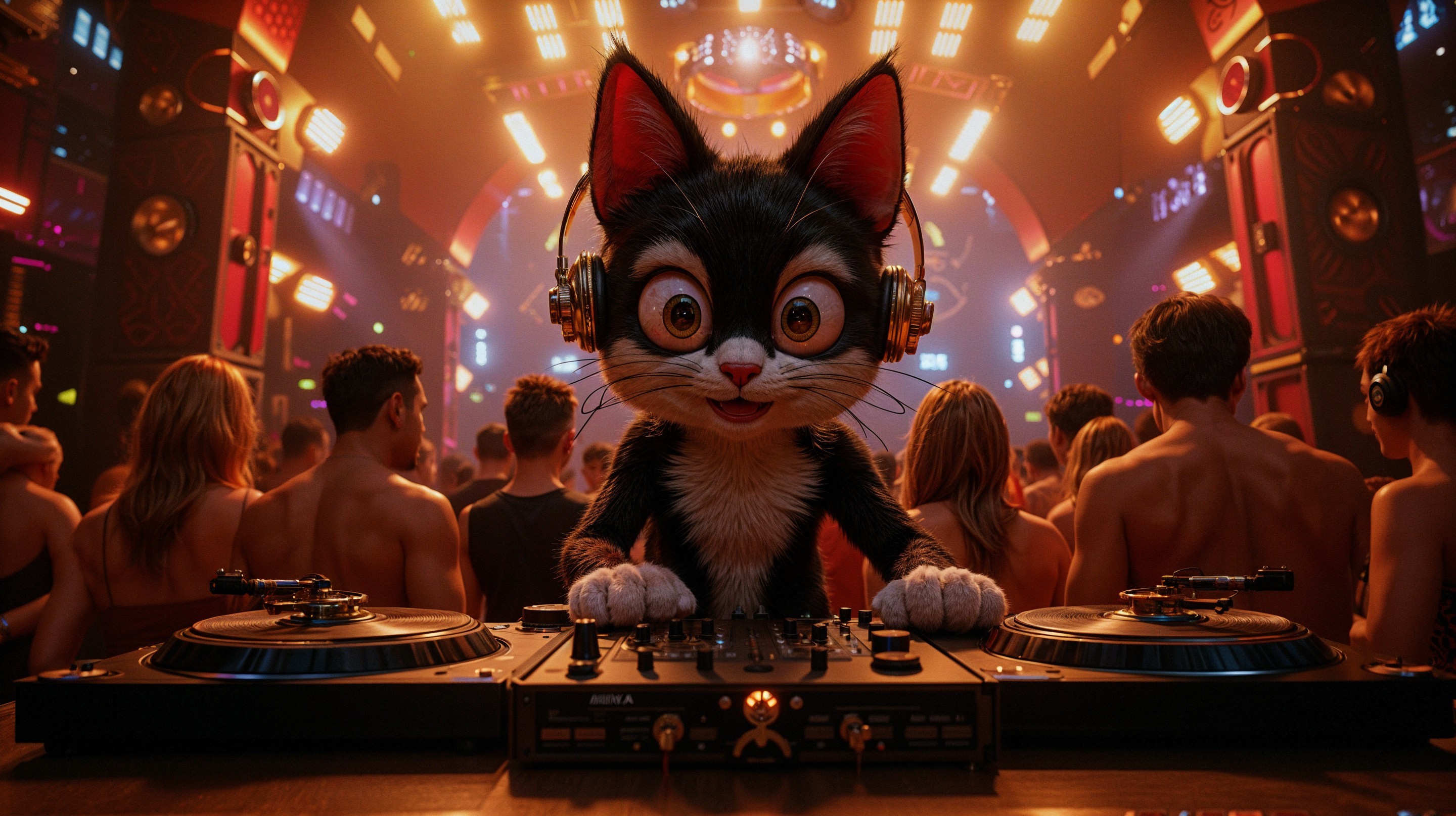 Animated Cat DJ in a Lively Club Scene