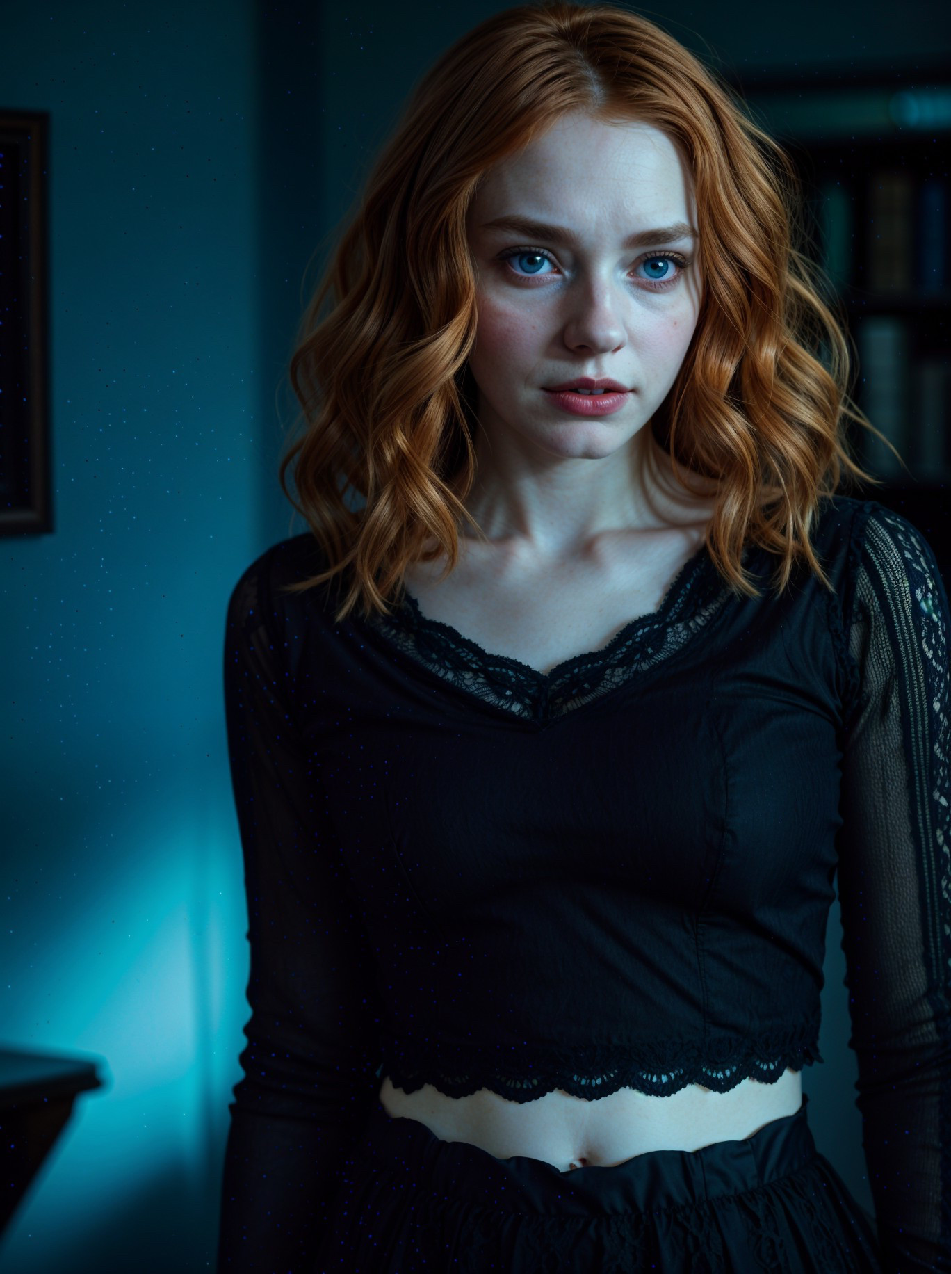 Young woman with red hair in softly lit room