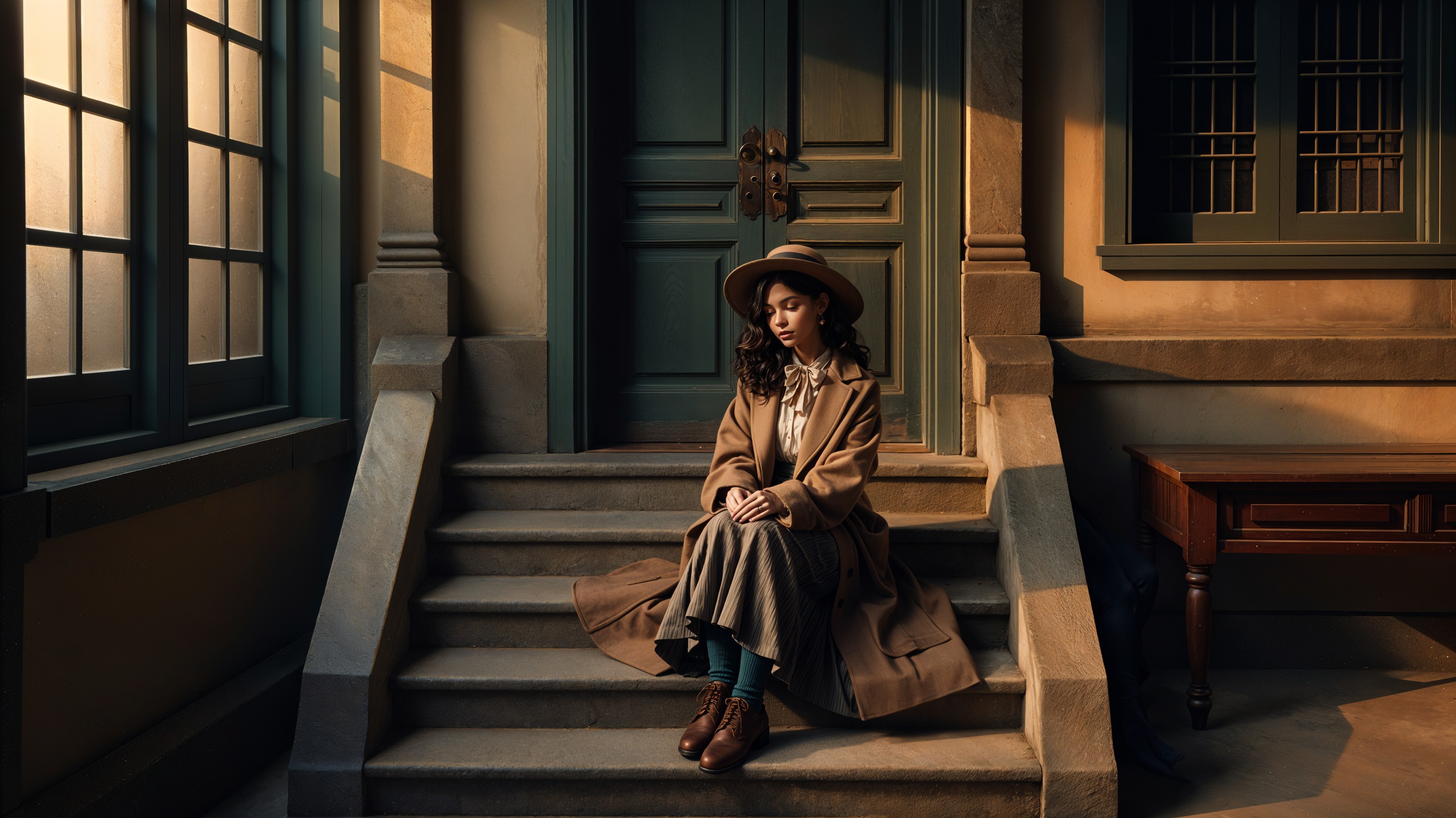 Young woman in cozy coat on vintage building steps