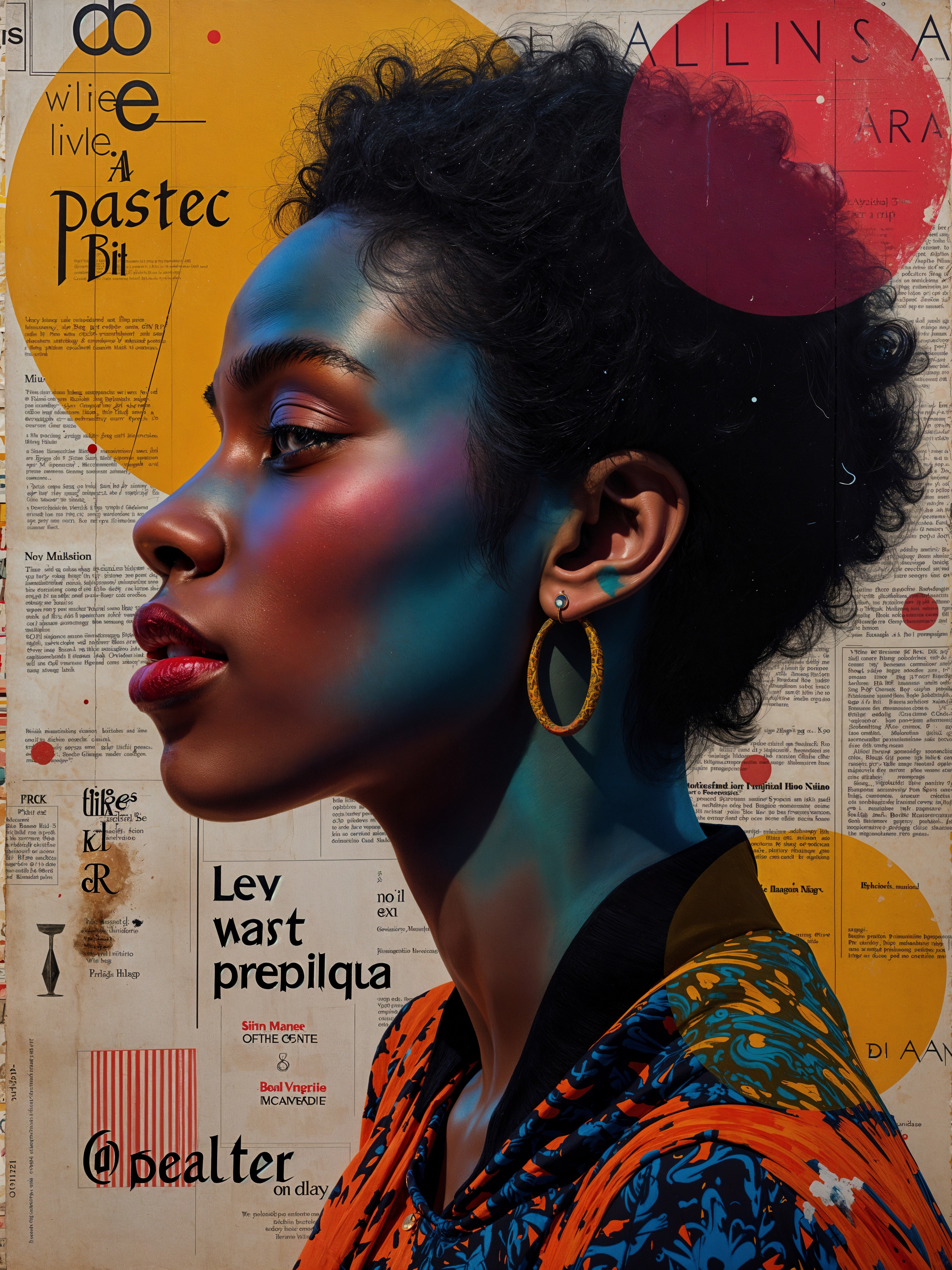 Woman in Profile with Vibrant Face Paint and Collage Background