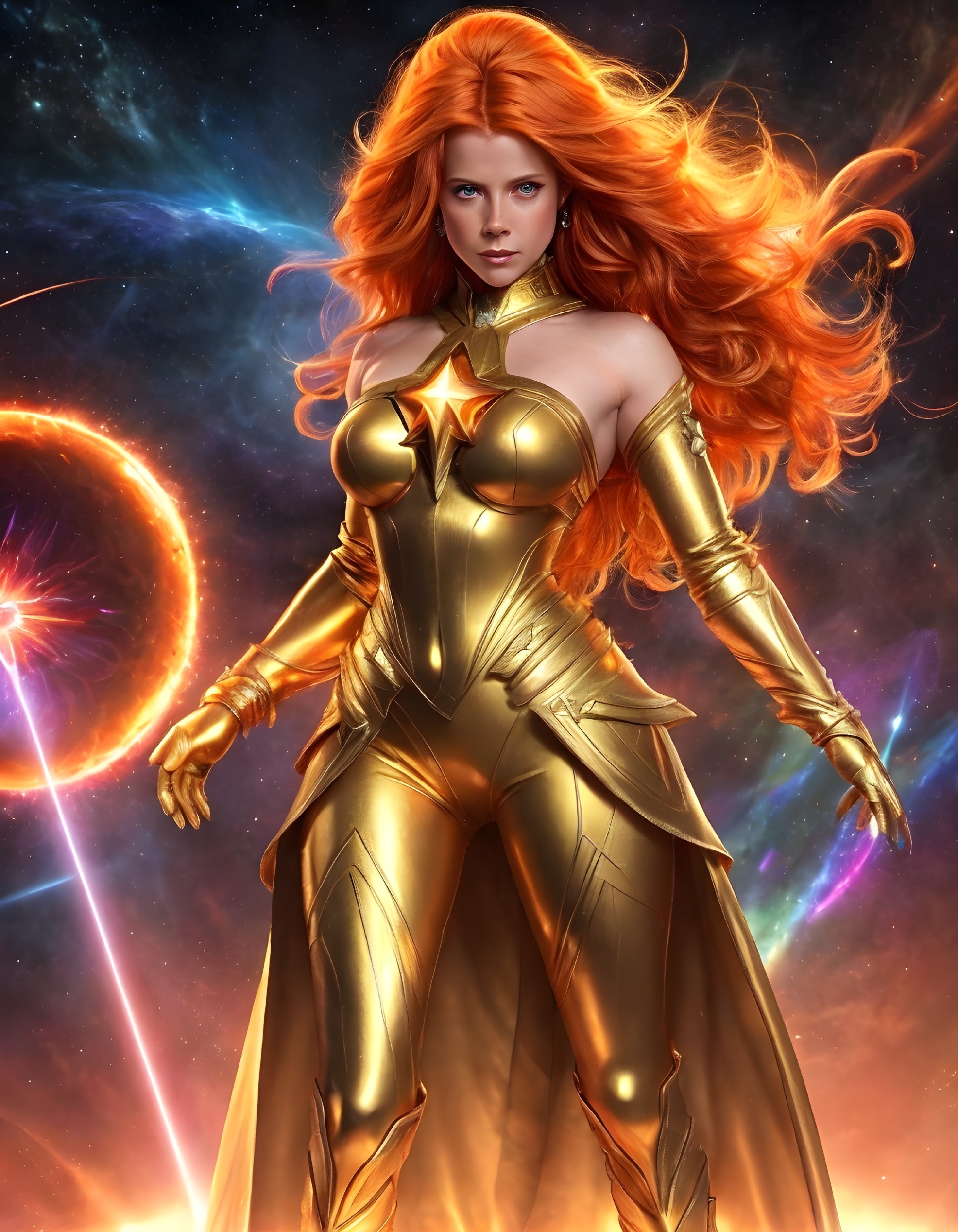 Redhead Superheroine in Gold Costume with Star Emblem in Cosmic Setting