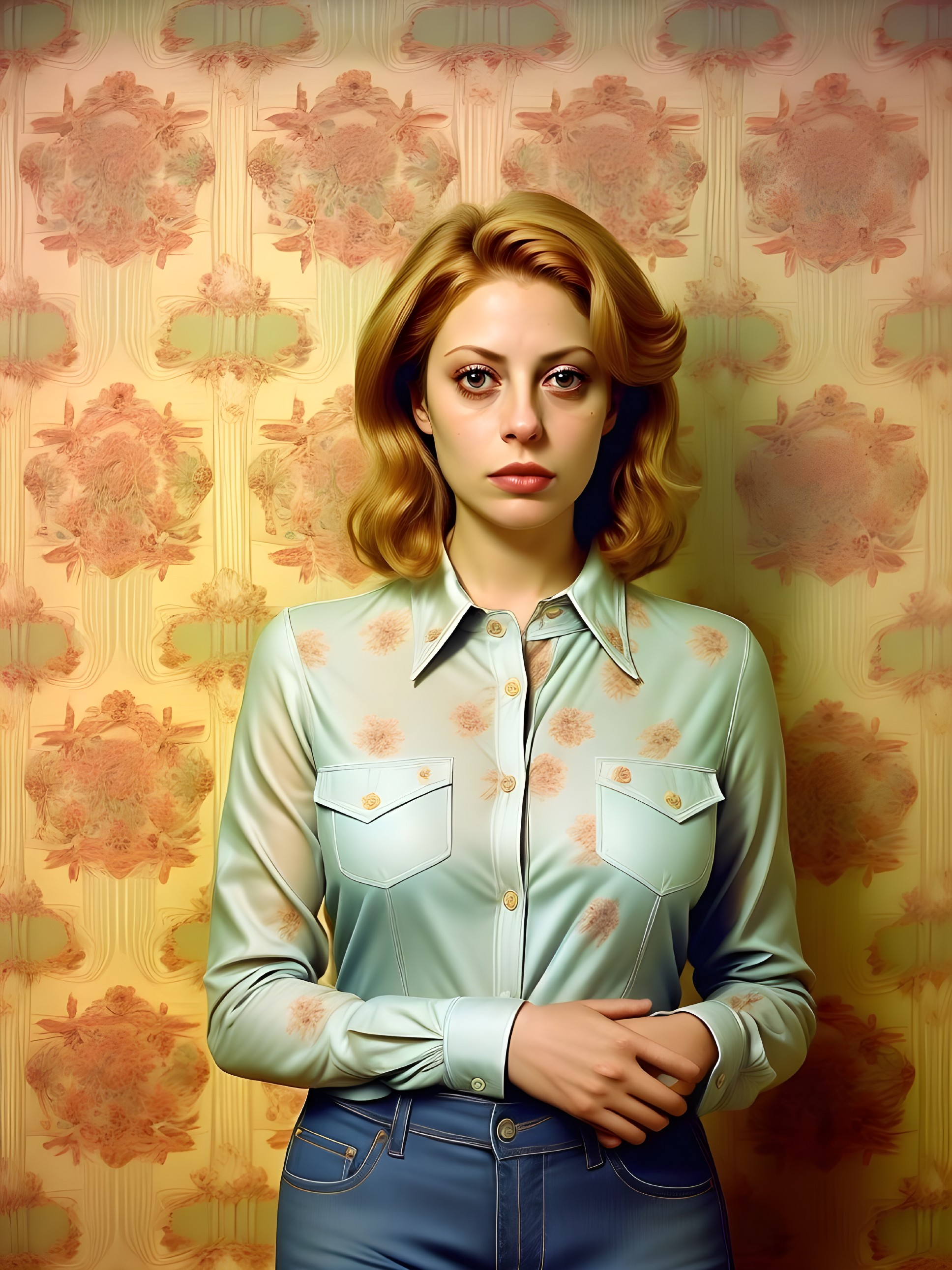 Woman in Floral Wallpaper with Styled Blonde Hair