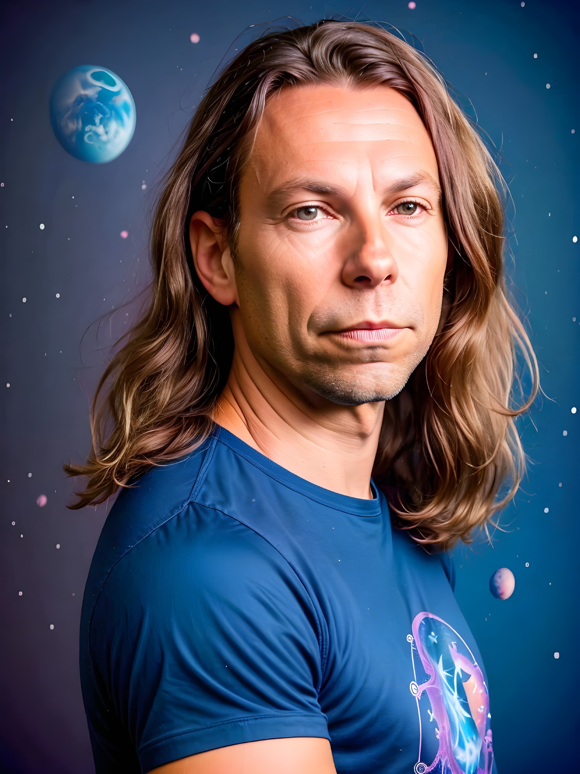 Man with Long Hair in Cosmic-Themed Blue T-Shirt