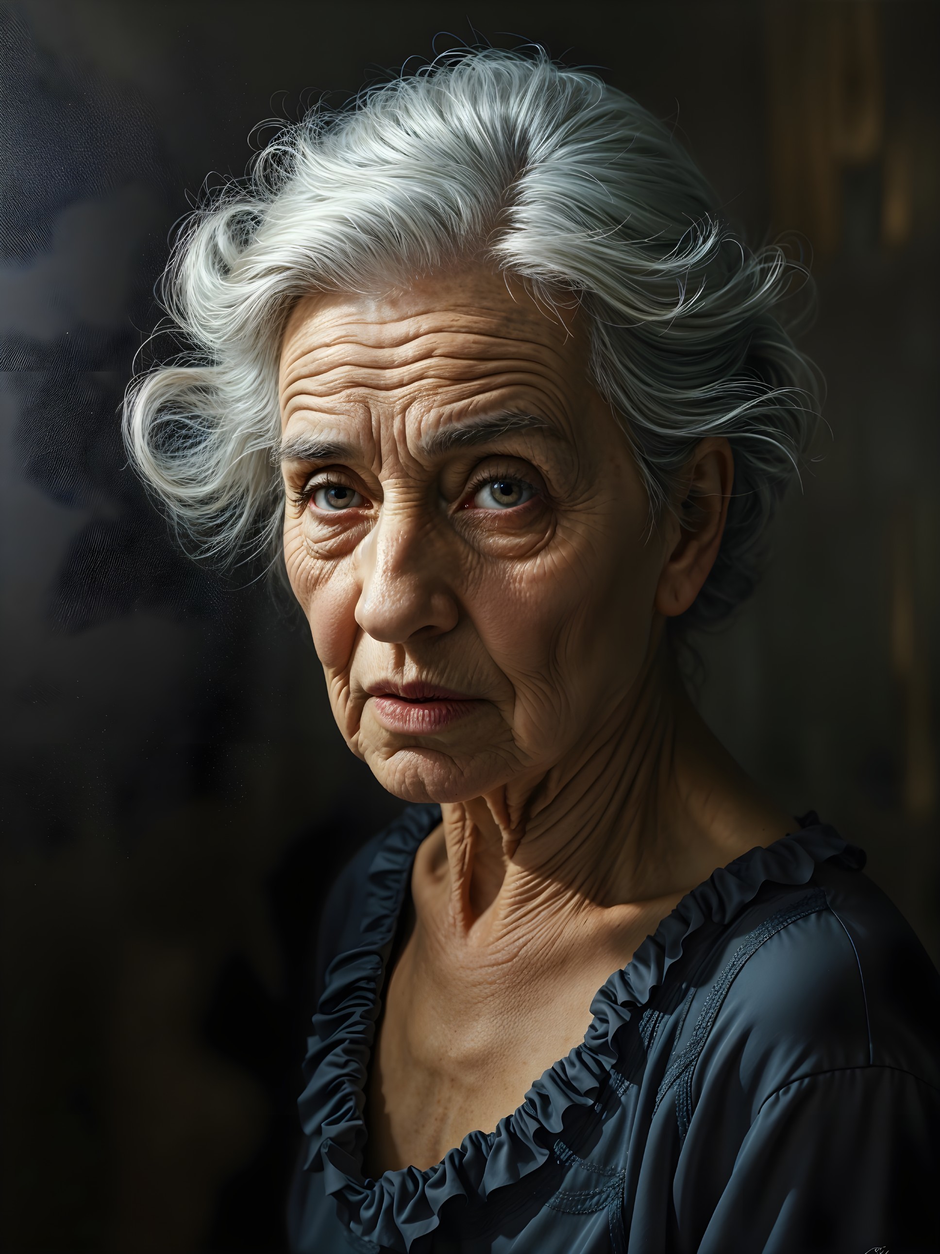 Portrait of an elderly woman with gray hair and wrinkles