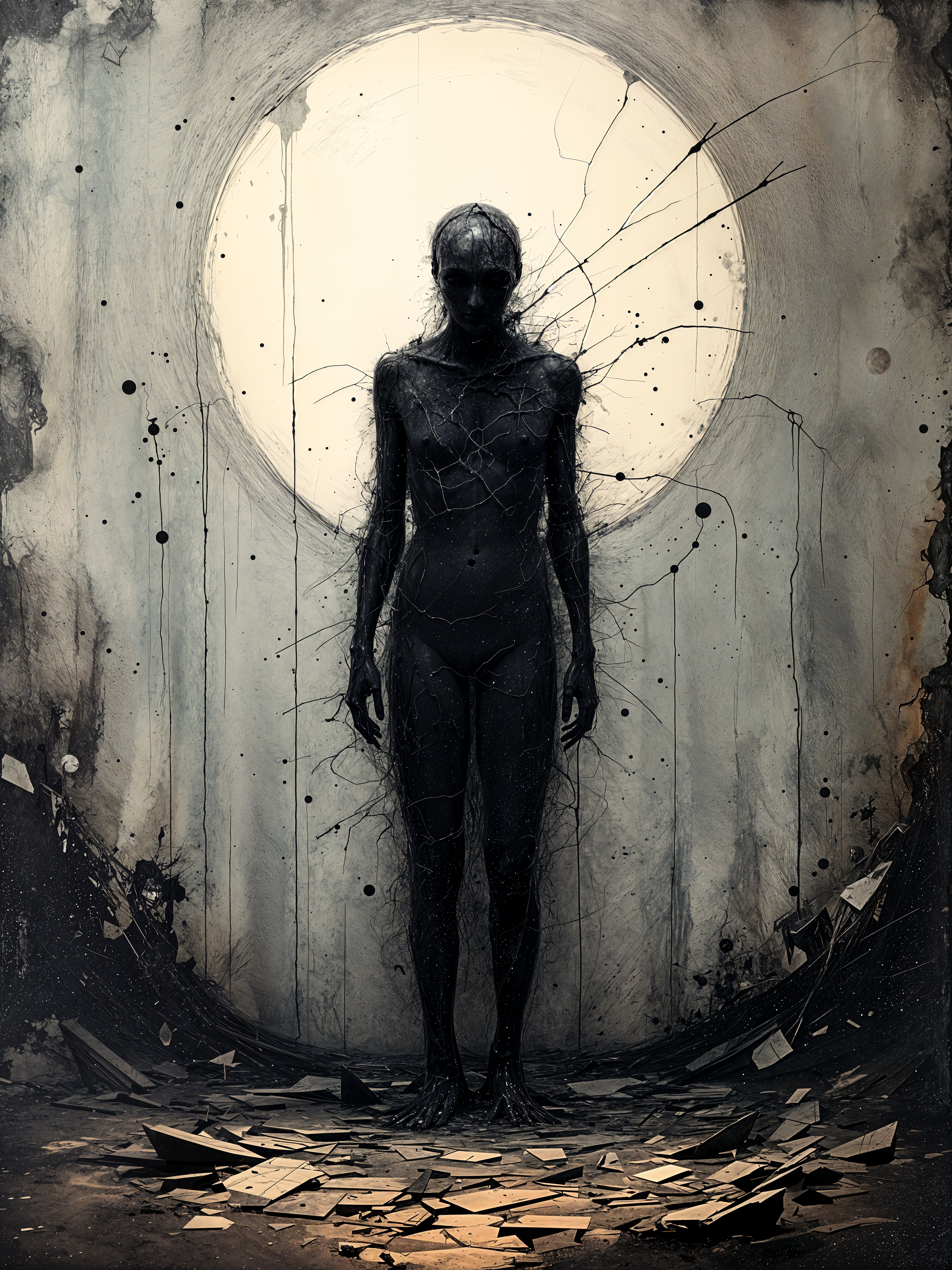 Haunting Figure Amidst Glass Shards and Moonlight