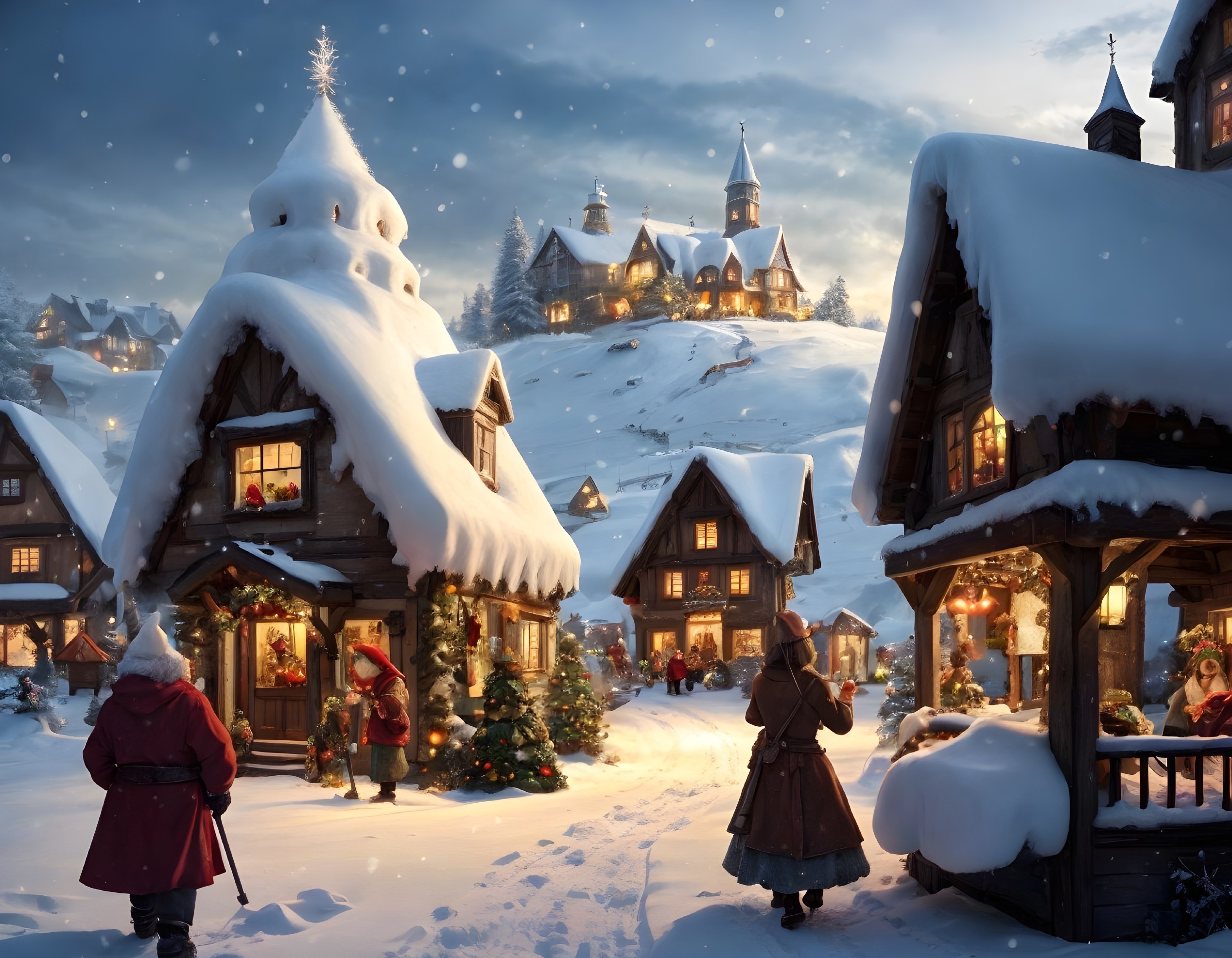 Snow-covered winter village scene at dusk with cozy cottages and townsfolk in heavy coats