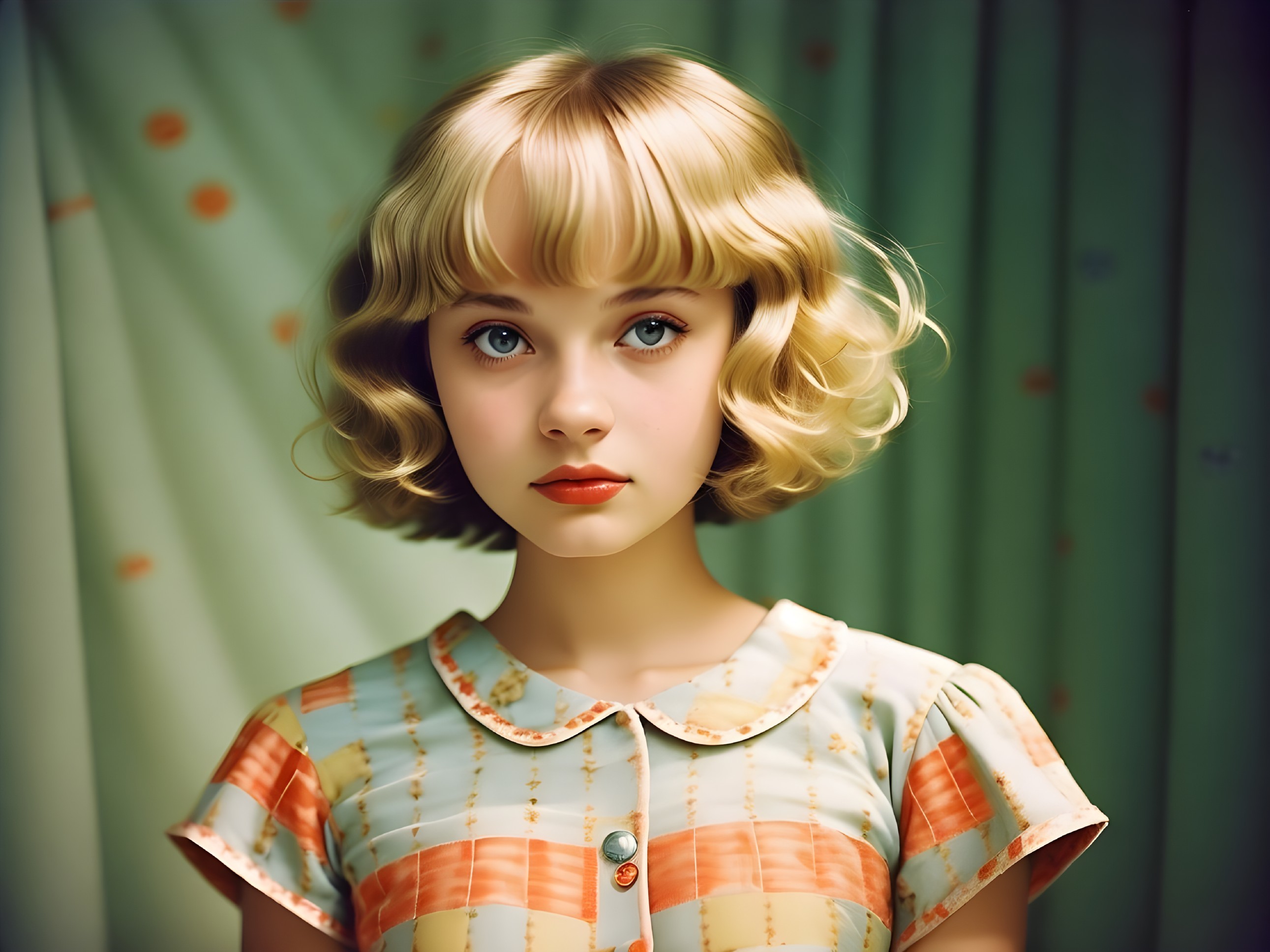 Young girl with blonde hair and blue eyes in vintage blouse