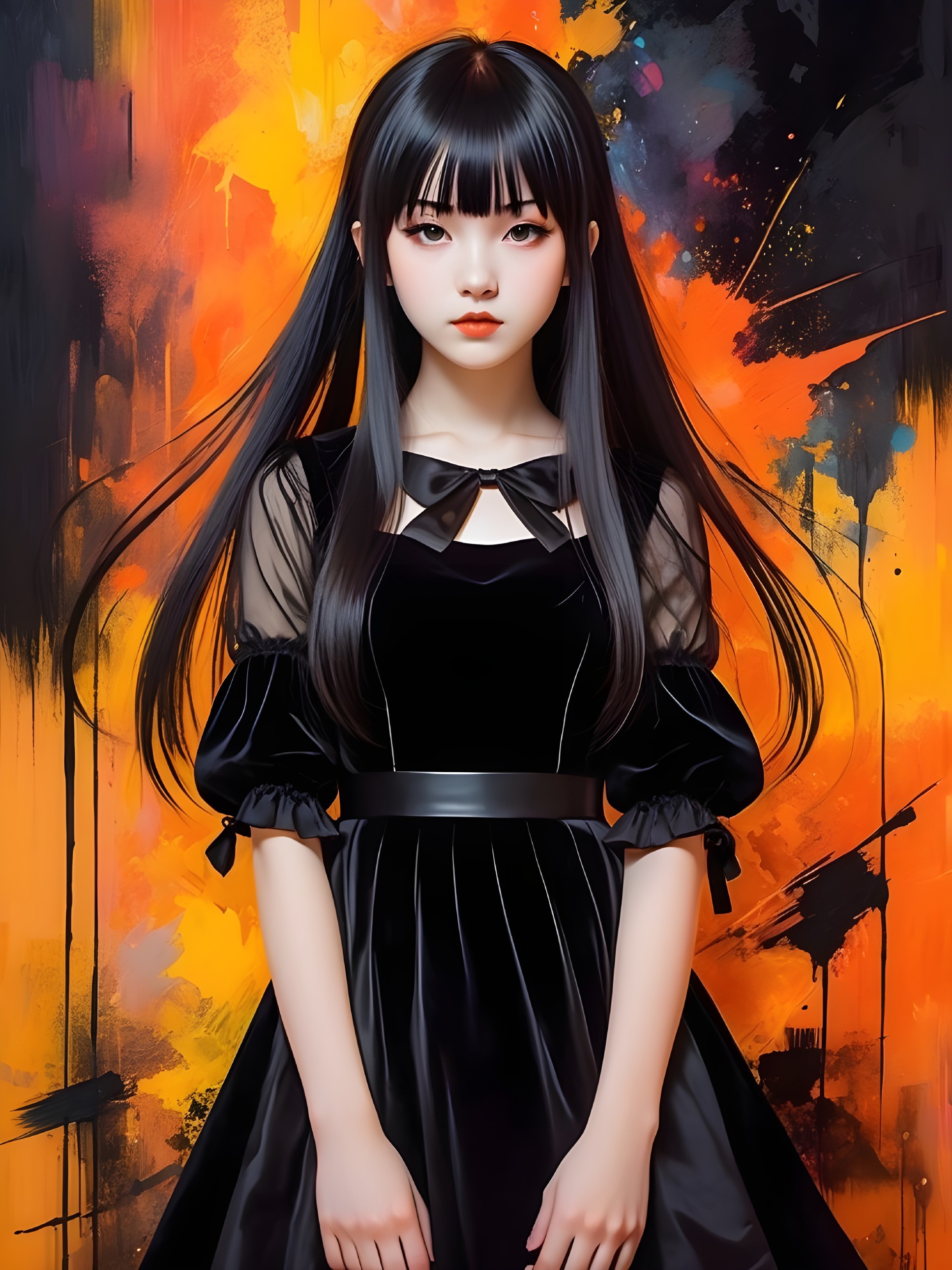 Young woman in elegant black dress with vibrant background