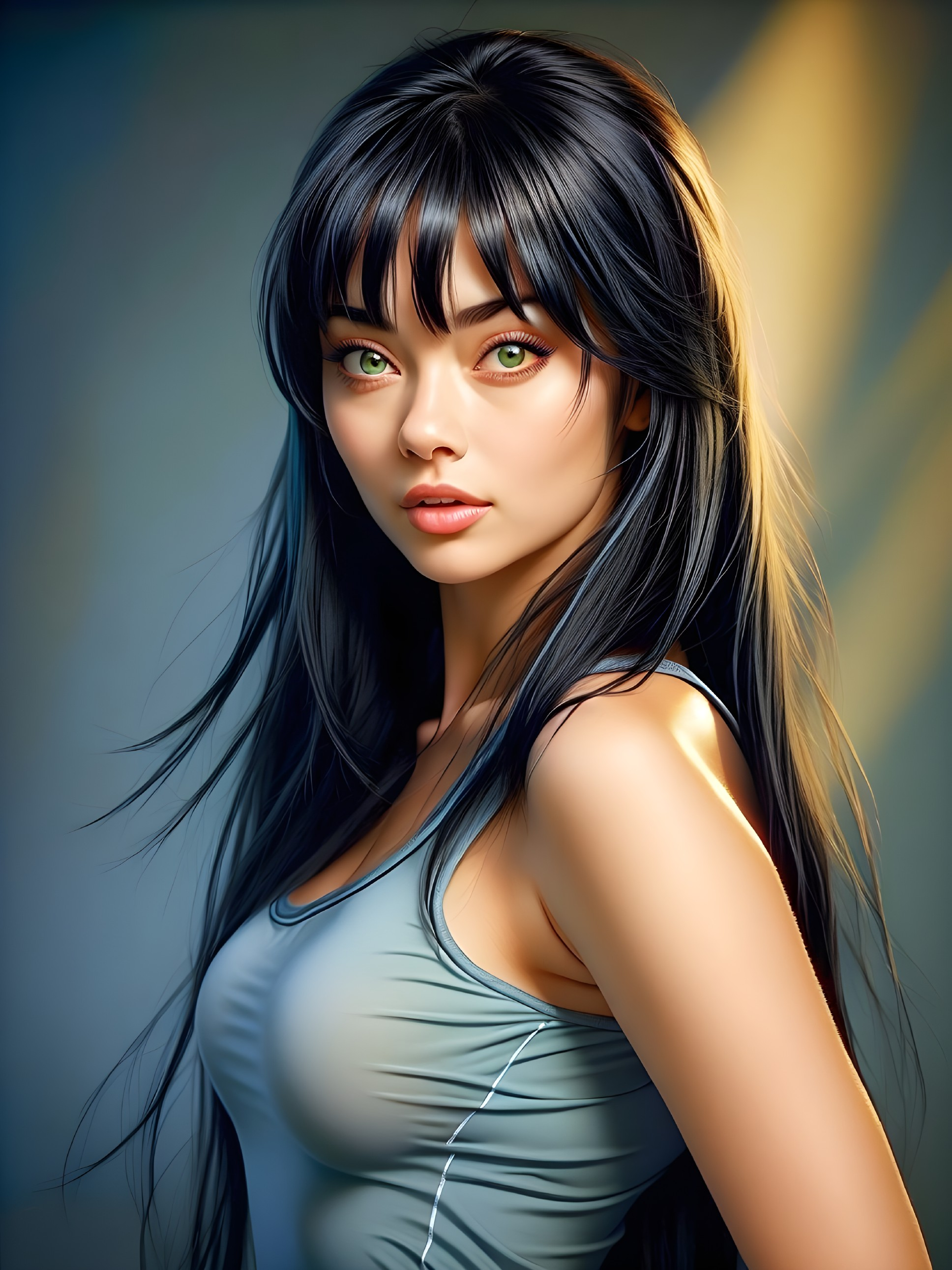 Female figure with long black hair and green eyes