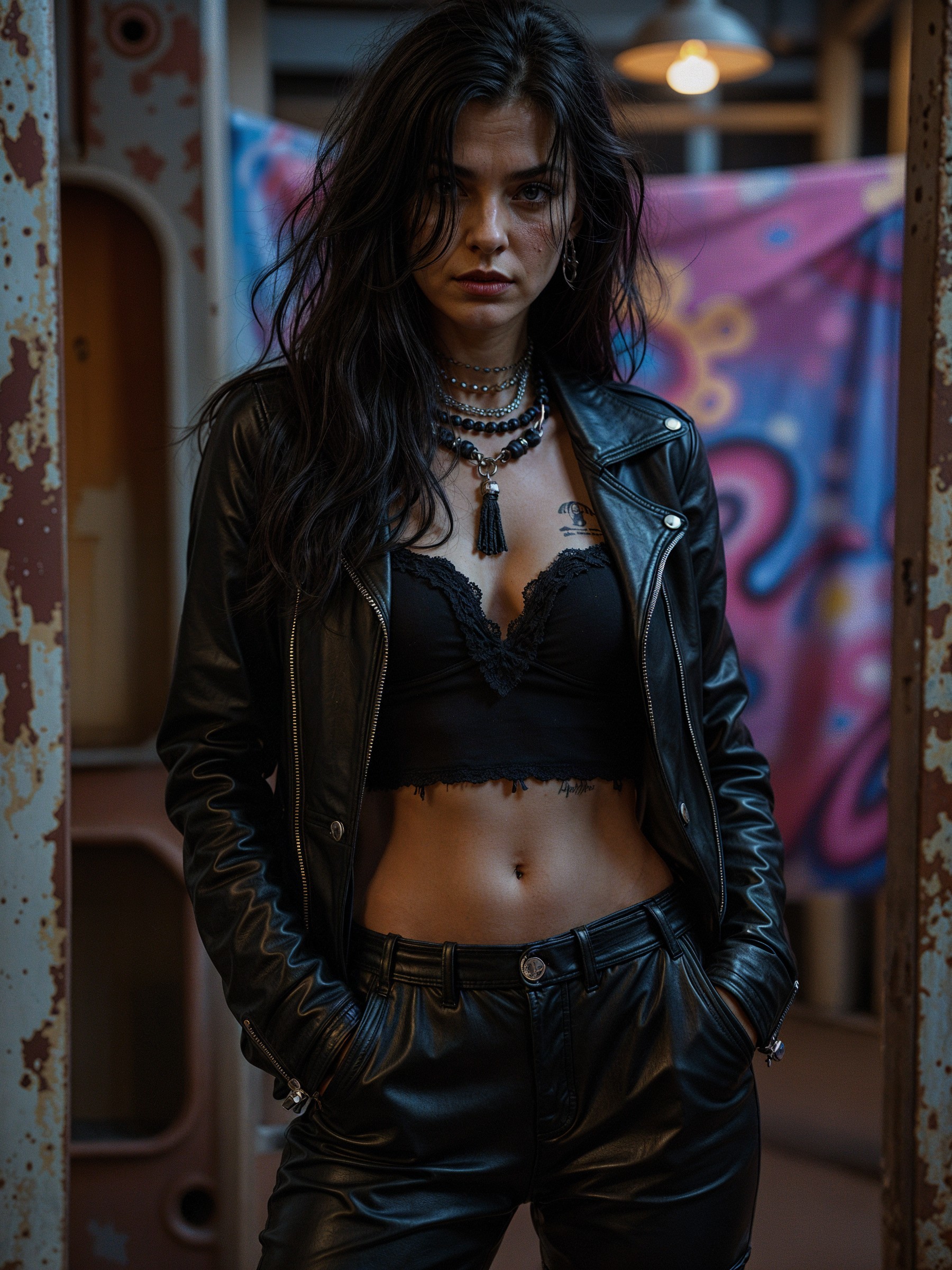 Confident Woman in Black Leather Jacket and Abstract Art