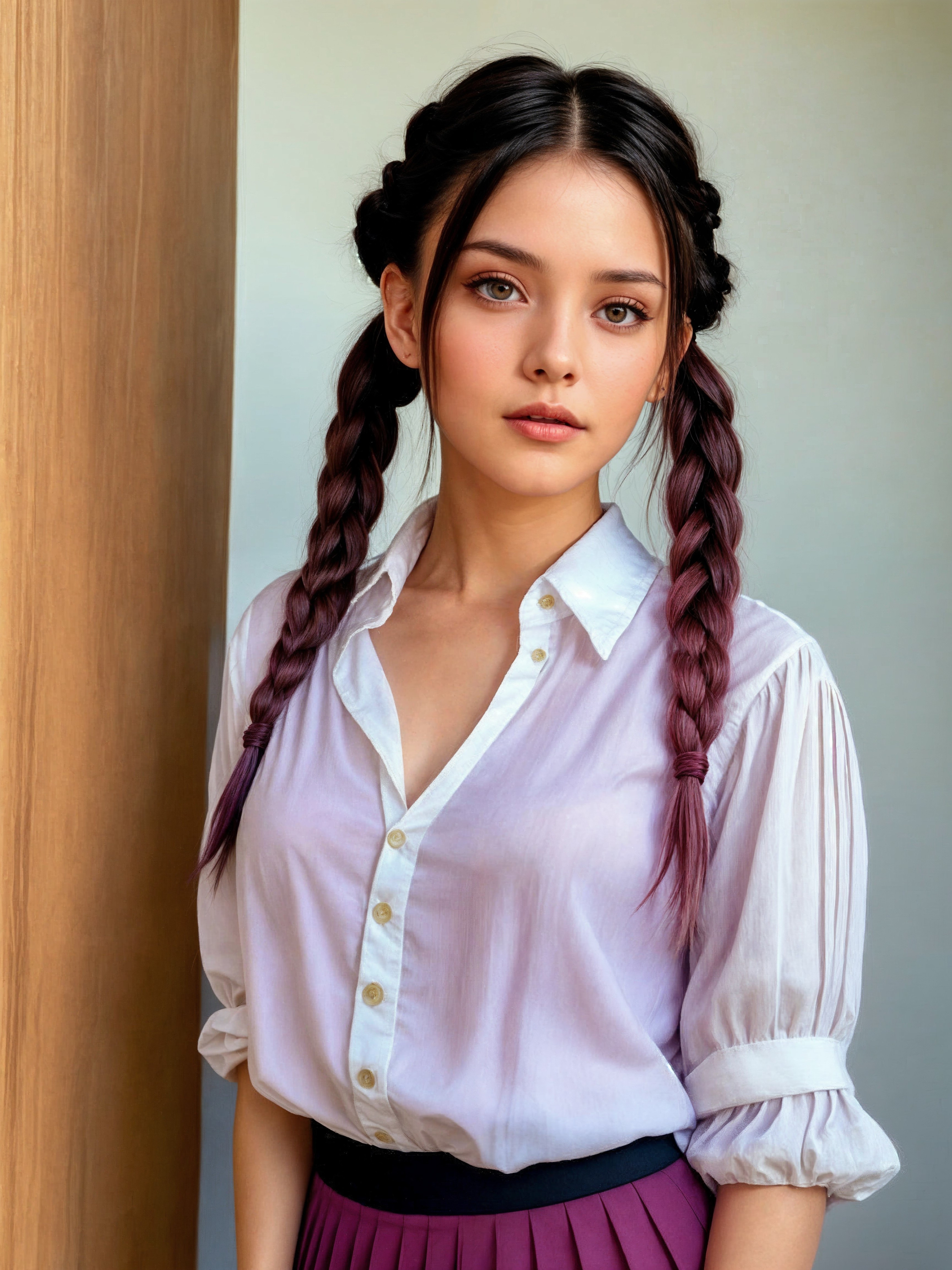 Young woman in light shirt and pleated skirt portrait