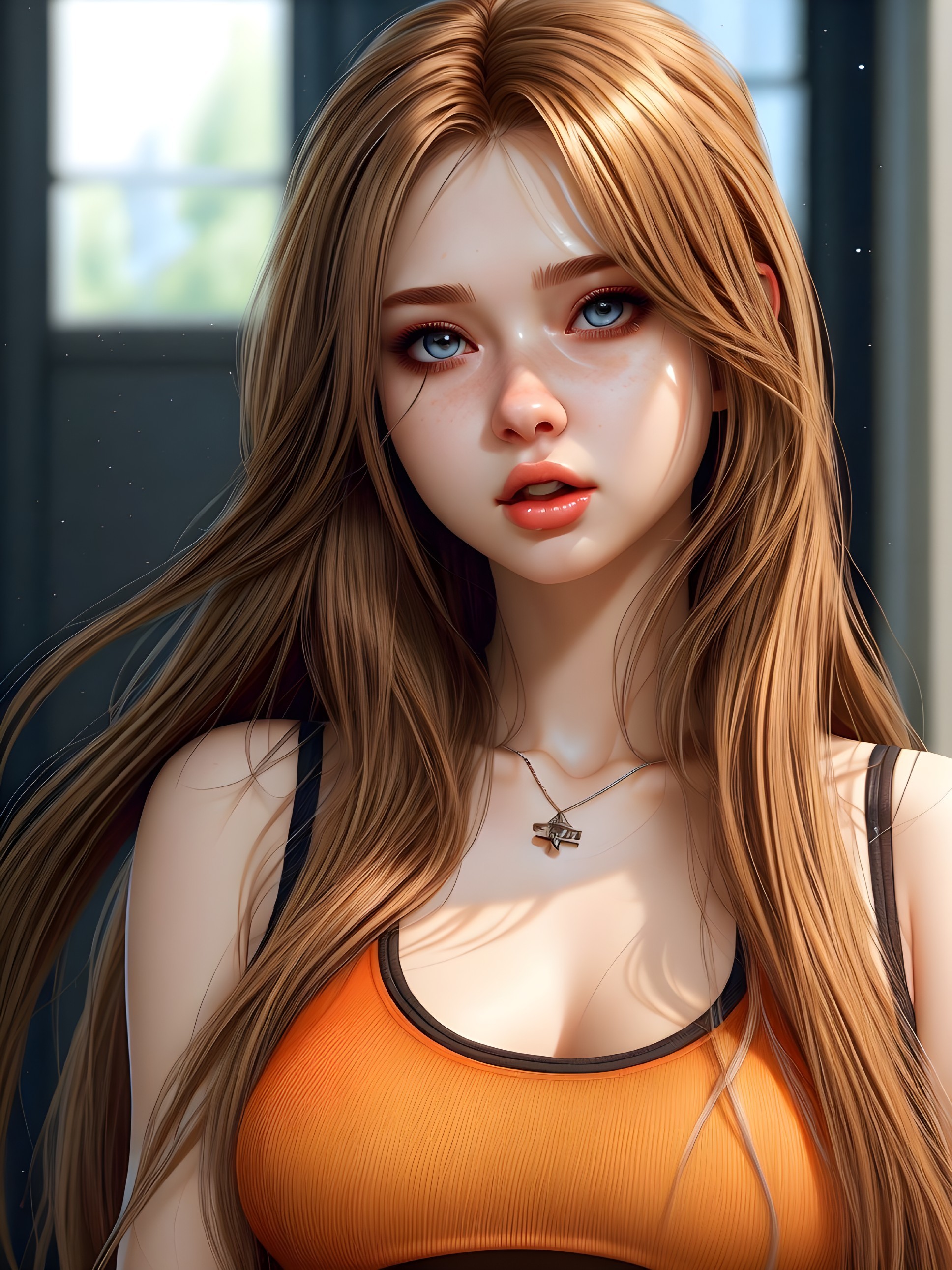 Young Woman with Brown Hair and Blue Eyes in Cozy Setting