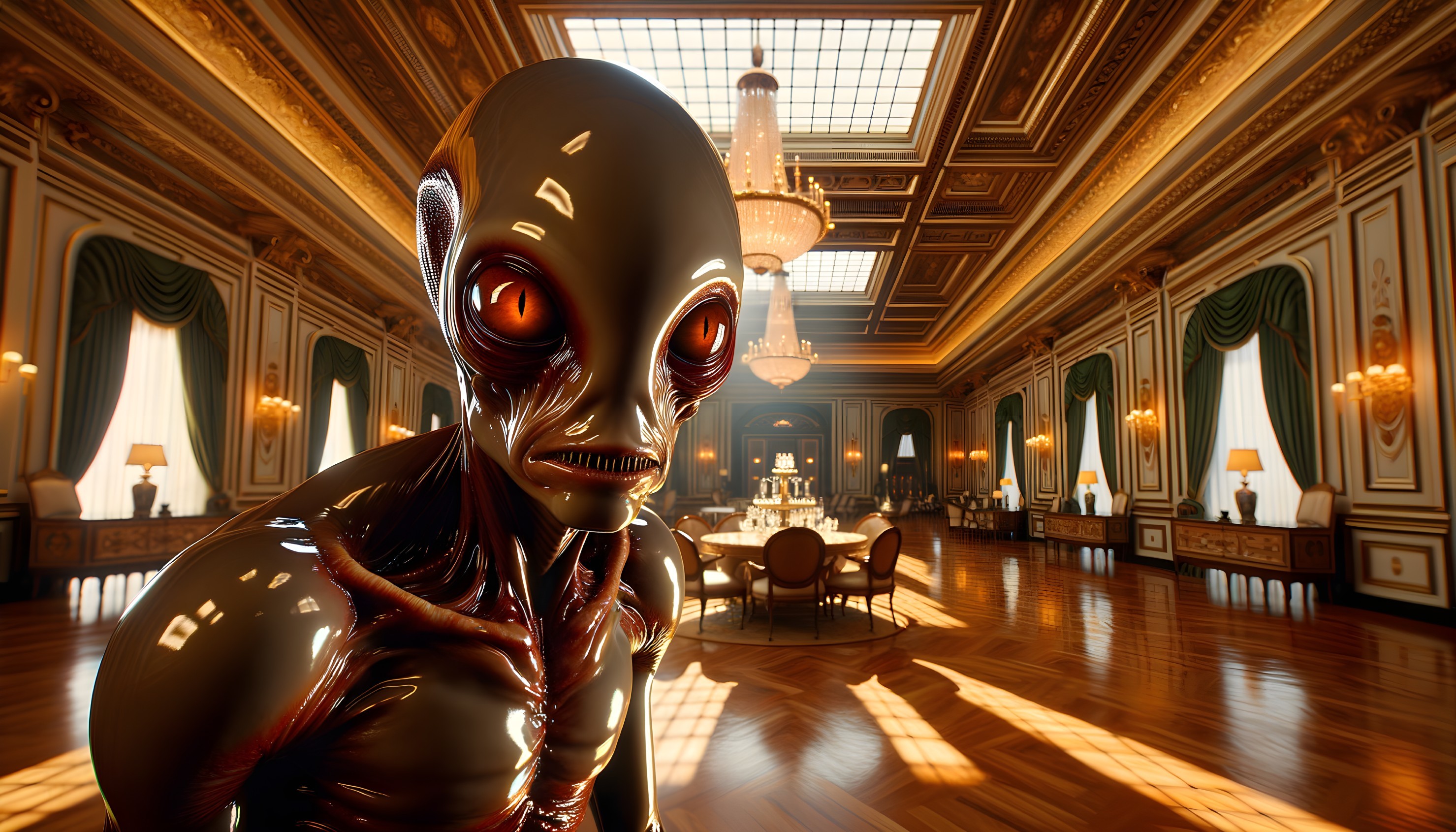 Humanoid Alien Figure in Luxurious Room Setting