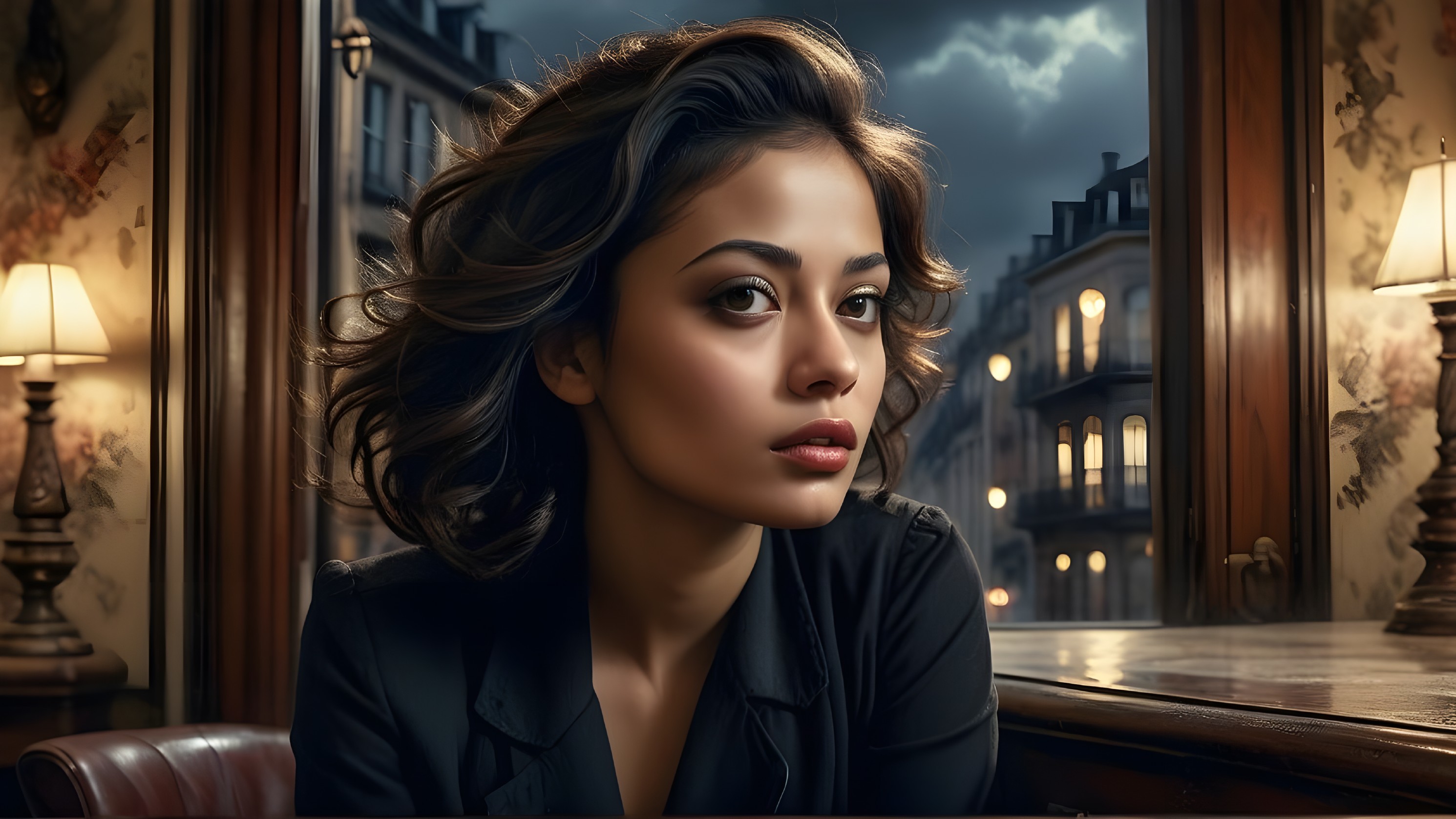 Young woman in dim room gazing out window