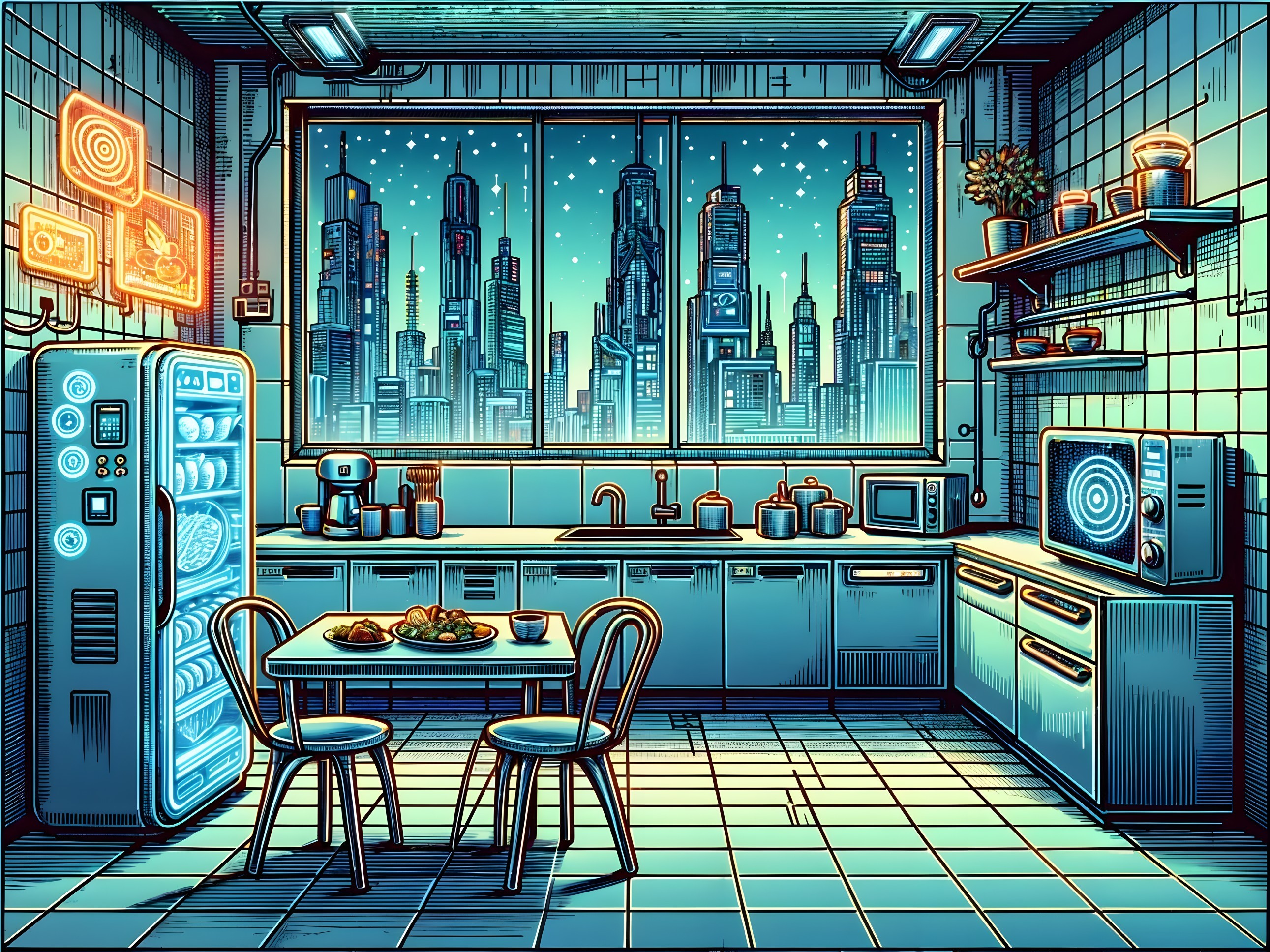 Futuristic kitchen with modern appliances and city view