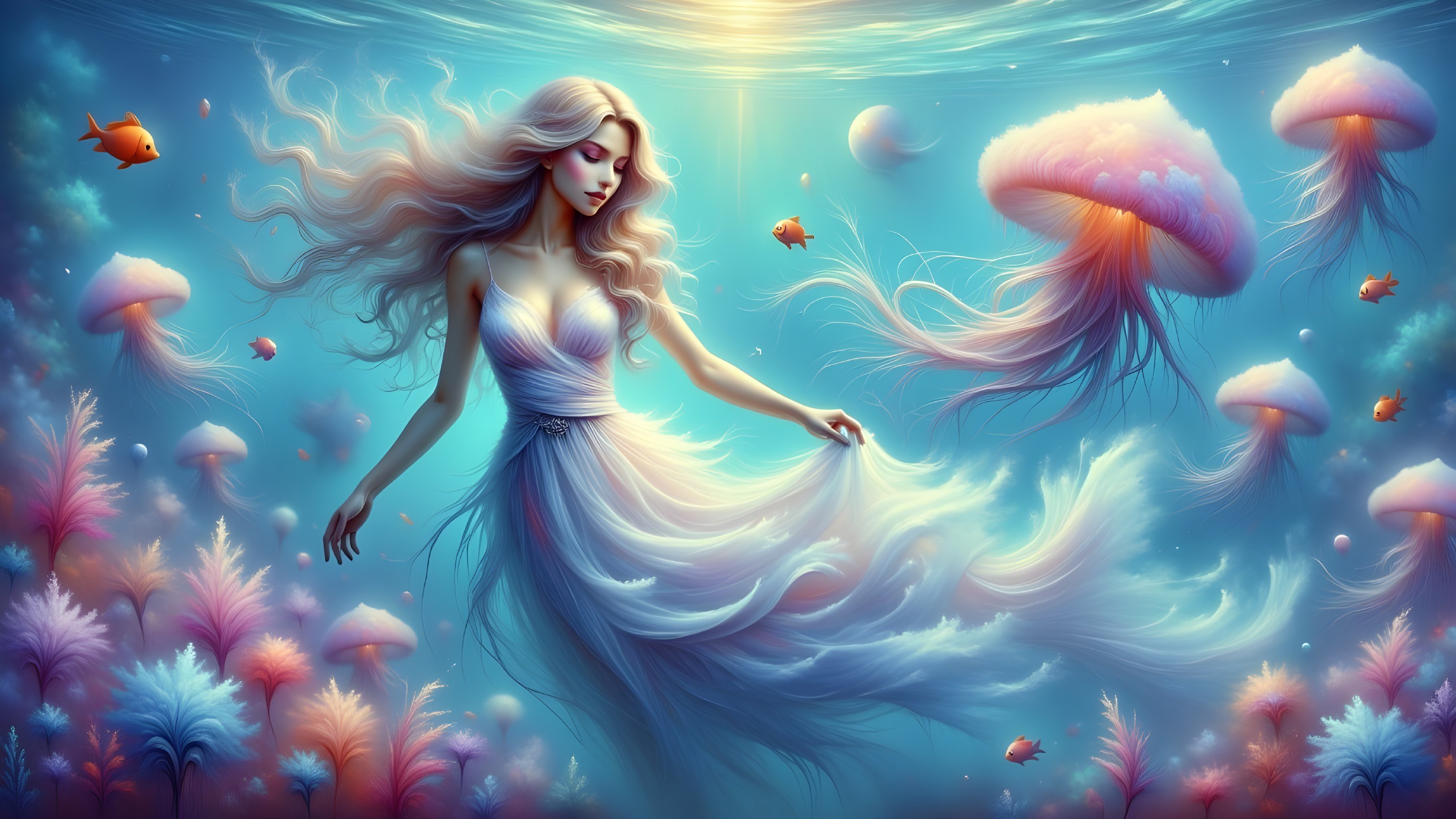 Mystical Underwater Scene with Serene Woman and Marine Life