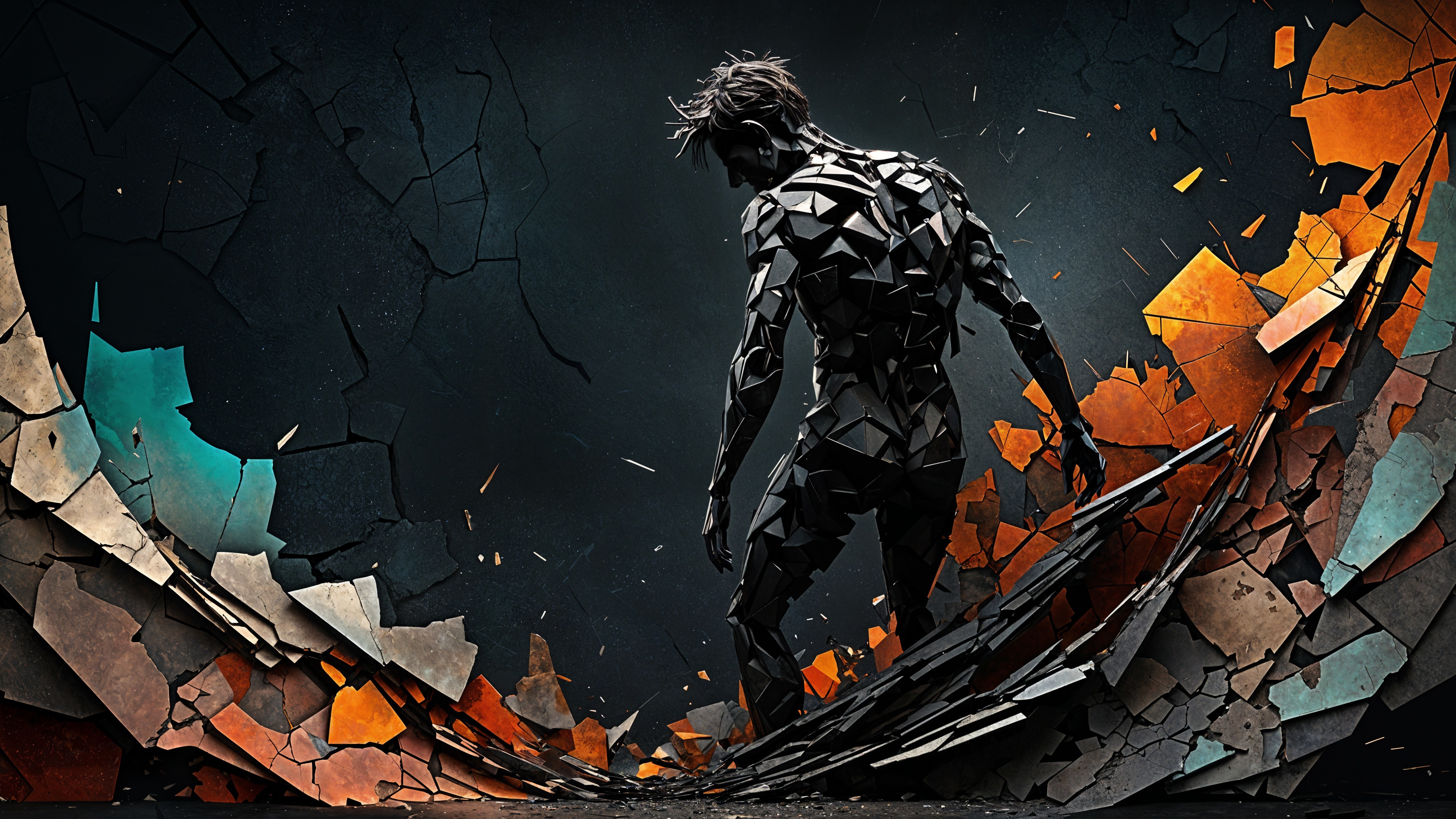 Fragmented Figure Against Dark Background with Energy Bursts