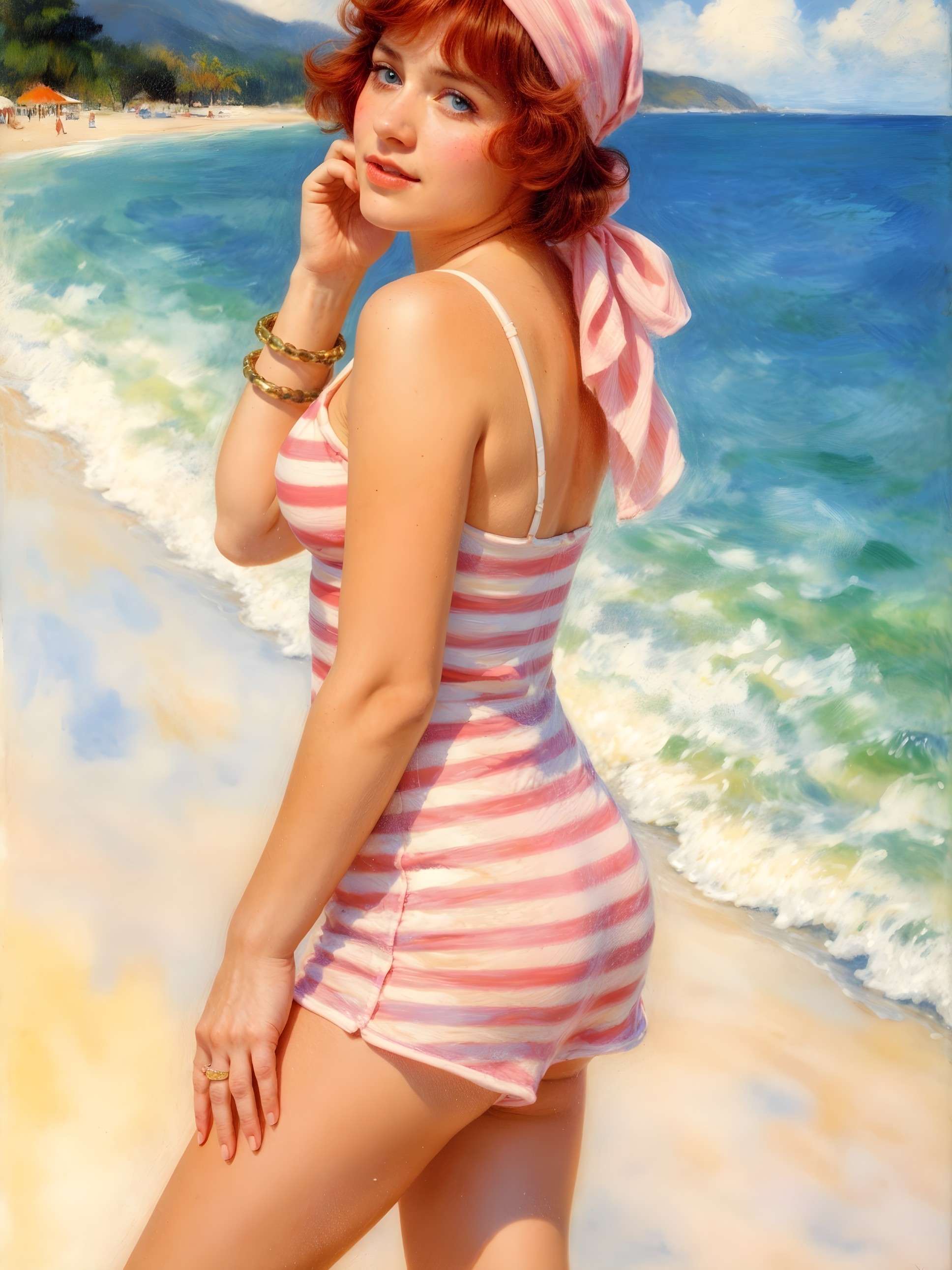 Young woman in vintage swimsuit on sunlit beach