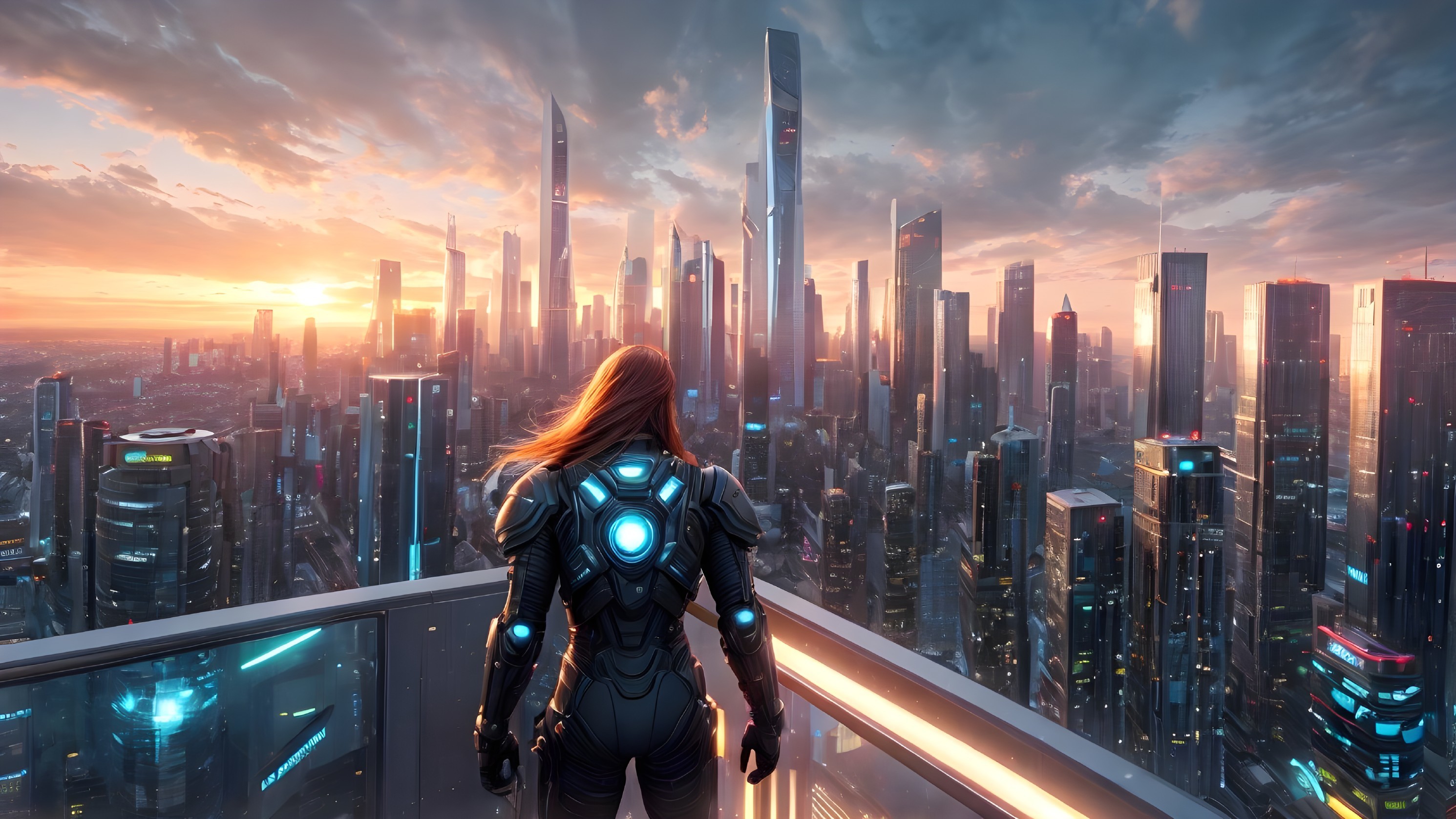 Futuristic cityscape at sunset with high-tech elements