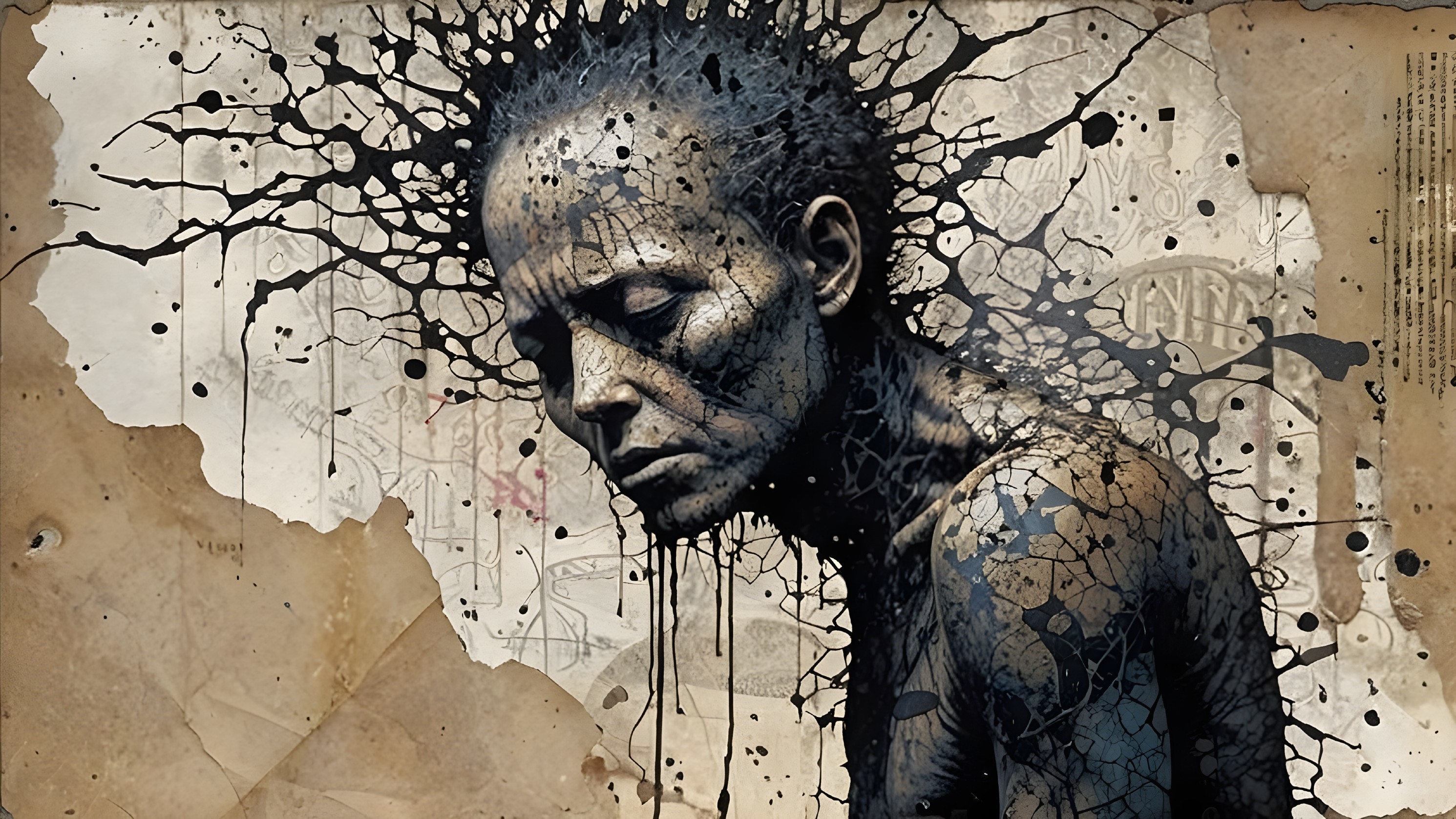Somber Figure with Textured Skin and Abstract Ink Splashes