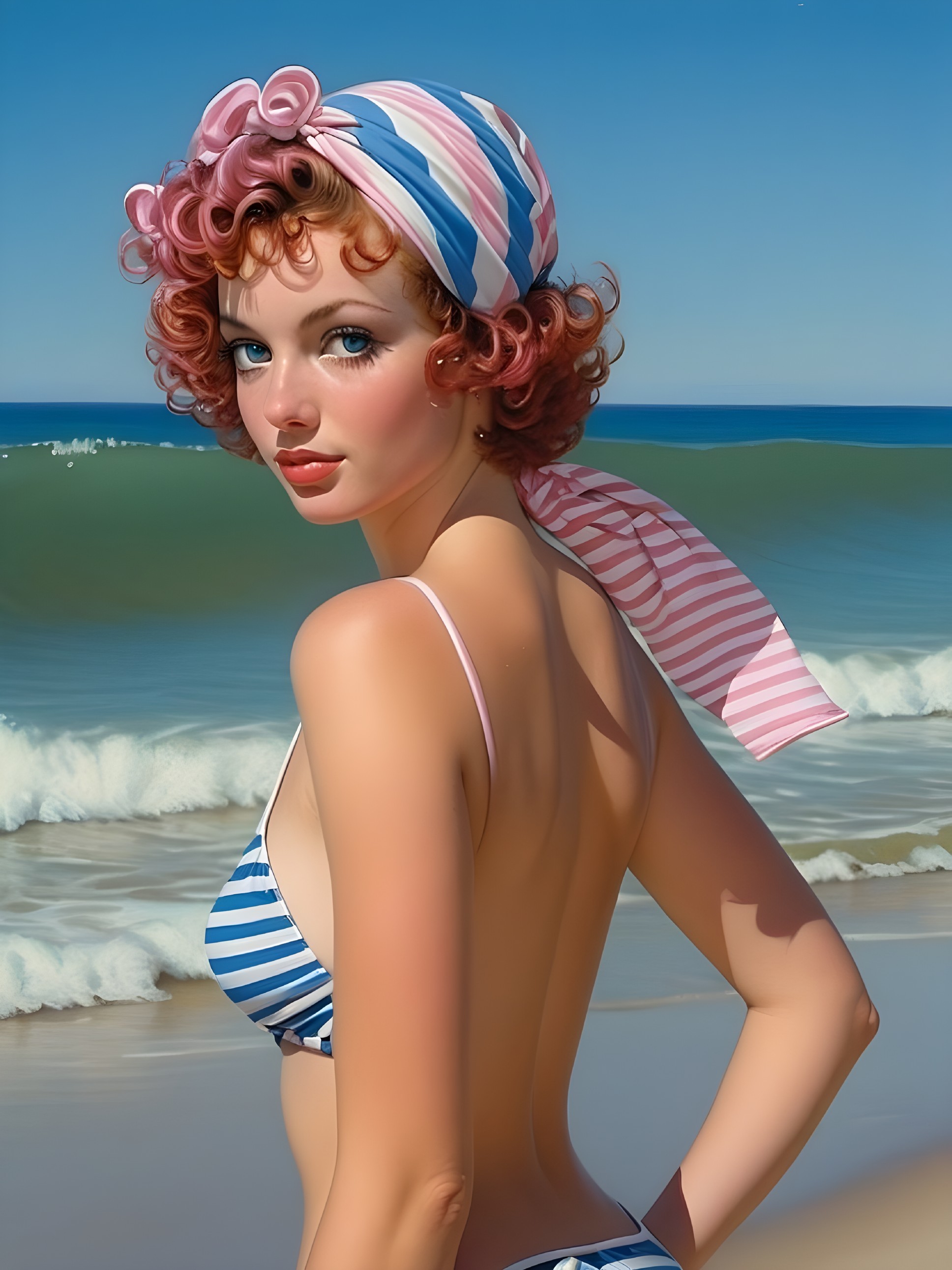 Young Woman in Striped Bikini at the Beach
