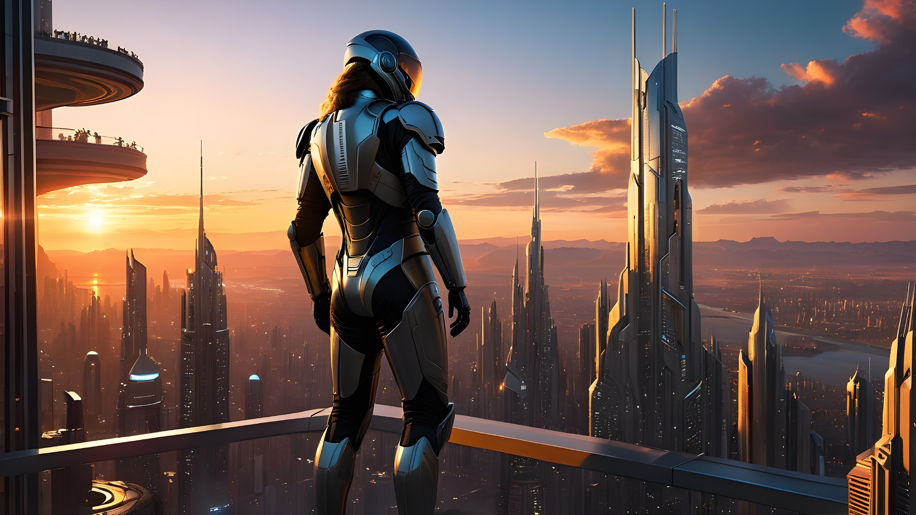 Futuristic landscape with armored figure and skyscrapers