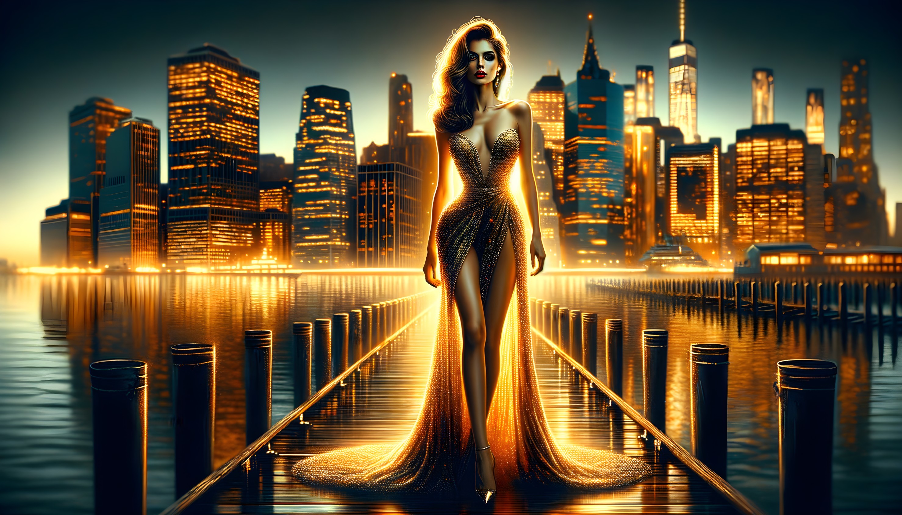Golden Gown Figure on Pier with City Skyline Reflection
