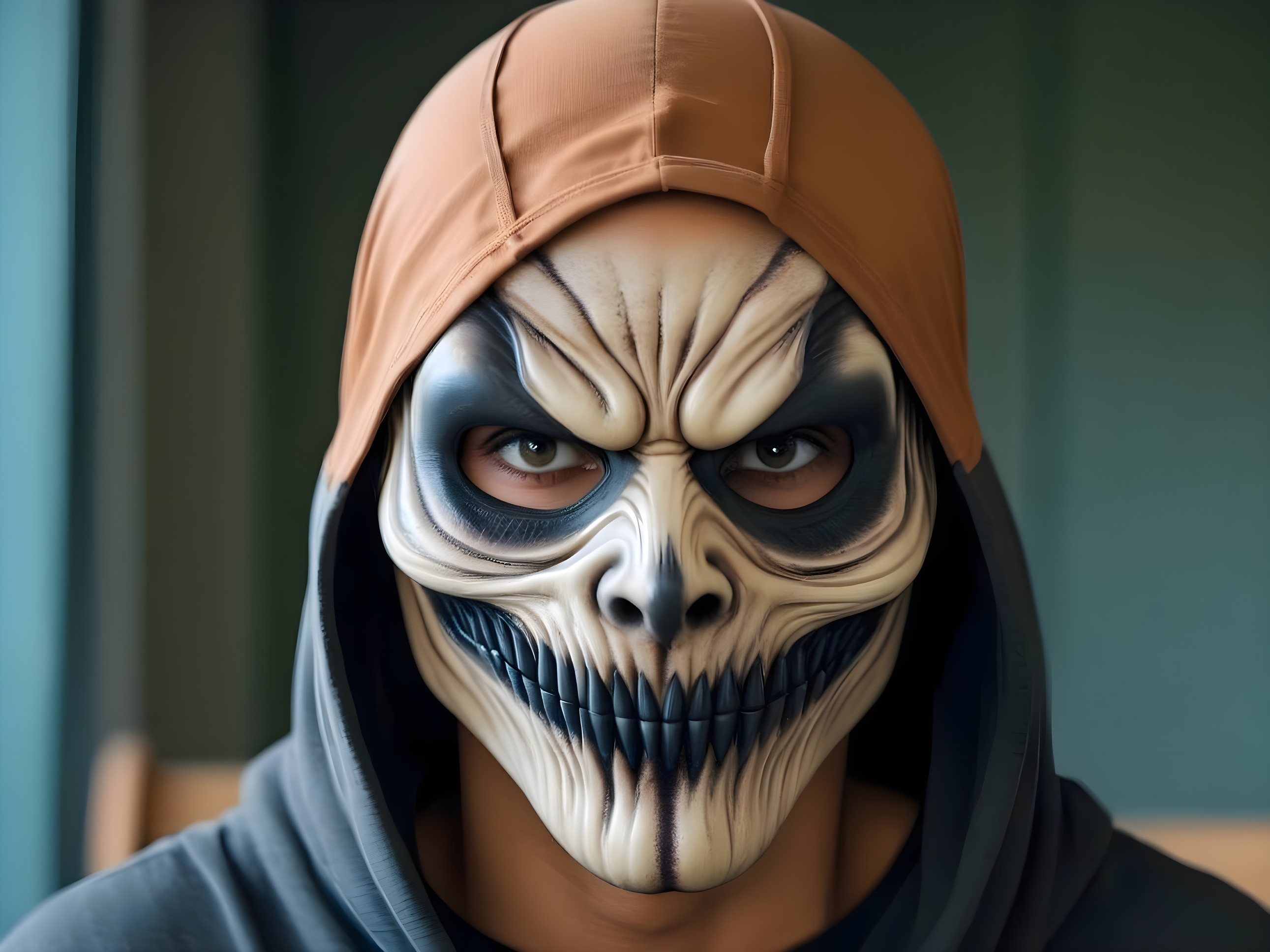 Detailed Skull Mask with Dark Attire and Beanie